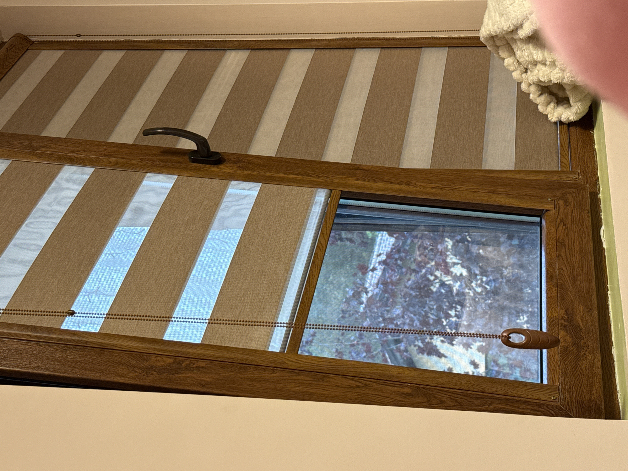 The image depicts a window with brown wooden frames and horizontally striped blinds, partially open. The window glass reveals an exterior view, possibly of trees with bare branches. The window handle is black and located on the frame. A beaded pull chain is visible on the right side of the window. Part of a fluffy, light-colored object is in the upper right corner of the frame. The background wall is a light, neutral color. This scene is located in Iarebichna, Bulgaria.