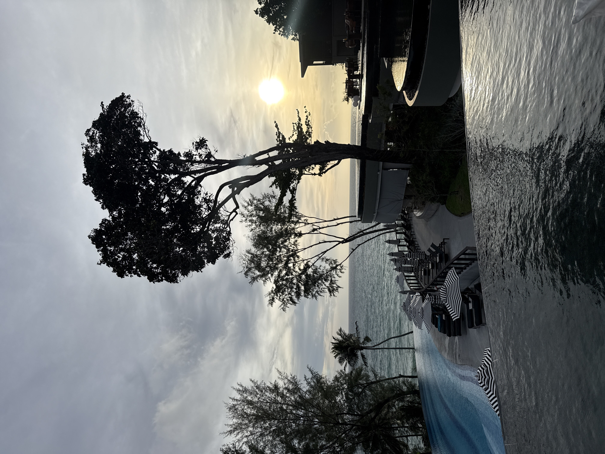 The image depicts an outdoor infinity pool overlooking the ocean at sunset. The sky is overcast with the sun appearing as a bright disc peeking through the clouds. Silhouettes of trees are visible on the left and right sides of the frame, with a prominent tree in the center casting a dark shadow. The pool itself is in the foreground, with water reflecting the sky and sunlight.
On the edge of the pool, rows of black and white striped umbrellas and lounge chairs are set up. Beyond the pool, a pathway curves around a multi-tiered water feature. In the distance, the ocean stretches out to the horizon. A building with dark-colored walls and a sloped roof is visible on the right side of the image, with tables and chairs set up outside on a terrace.
The overall scene suggests a resort or hotel setting, possibly located in Sakhu, Thailand, given the tropical vegetation and coastal environment. The lighting indicates it is either sunrise or sunset. There are no people visible in the image.