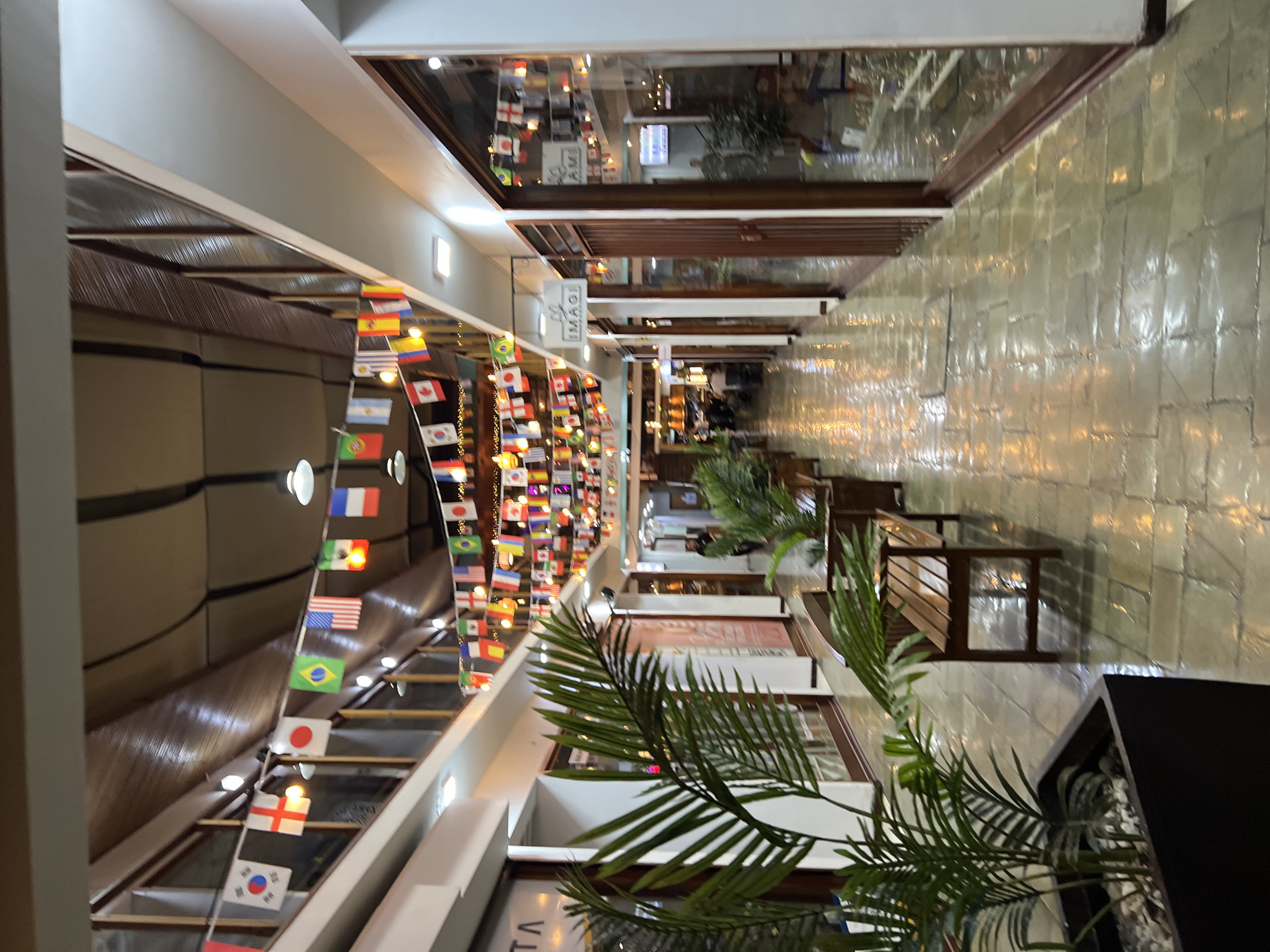 This is a medium-shot, eye-level, indoor photograph of a well-lit commercial walkway decorated with numerous national flags. The walkway appears to be a shopping mall or a similar indoor commercial space. The floor is made of large, polished square tiles that reflect the overhead lighting and the surrounding environment, suggesting the floor may be wet or highly polished.
On either side of the walkway are shopfronts with glass doors and windows. The shops are not clearly identifiable but appear to be retail establishments. On the left side, a large potted plant with green fronds is visible in the foreground. Wooden benches are strategically placed along the walkway, facing the shops.
The most prominent decorative element is the strings of national flags suspended from the ceiling, extending along the length of the walkway. These flags represent various countries, contributing to a festive or international theme. Examples of visible flags include those of South Korea, England, Japan, Brazil, the United States, France, and Portugal.
The ceiling is constructed of wooden panels and beams, with recessed lighting fixtures illuminating the space. The overall atmosphere is clean, orderly, and inviting, suggesting a well-maintained commercial area. The lighting is warm and casts a soft glow across the scene. In the background, a few people can be seen walking or standing, but they are out of focus and not prominent subjects. The location is identified as being in the city of Arica, Chile.