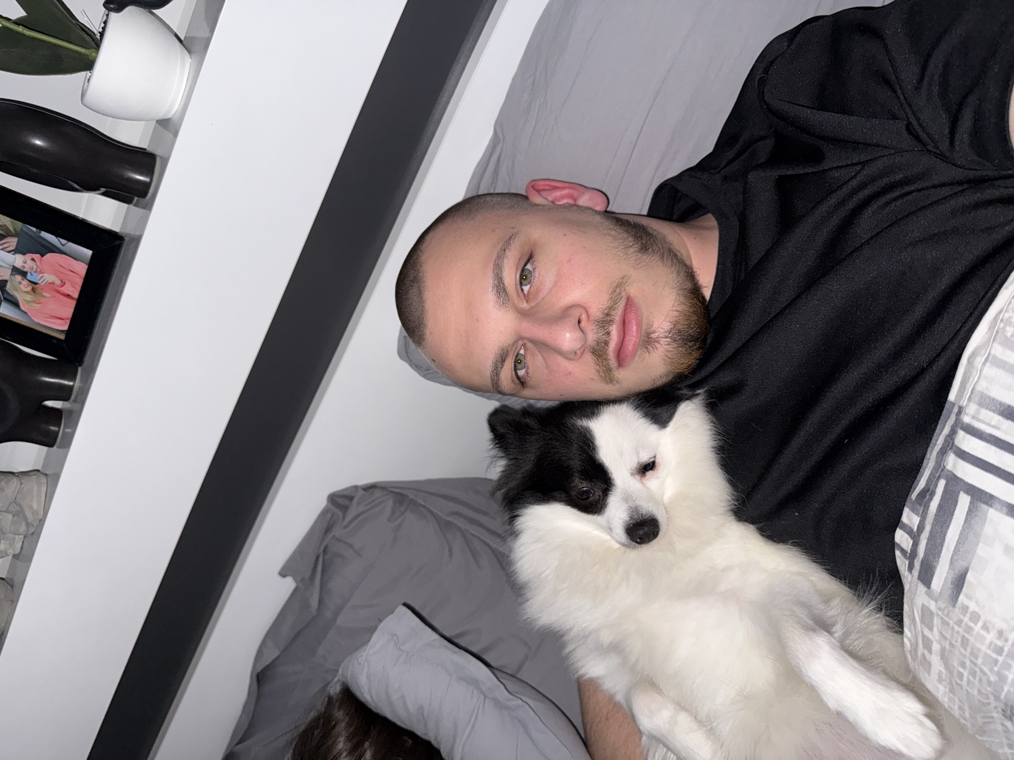 A man with short hair and a beard is lying in a bed, resting his head near a white and black dog. The man is wearing a black shirt. The dog is predominantly white with black patches around its eye and ear. The bed has grey sheets and a black and white patterned pillow. To the left of the bed, there is a wall with decorative items, including a potted plant, a black vase, and framed pictures. The location in Stara Zagora, Bulgaria, cannot be determined from the image.