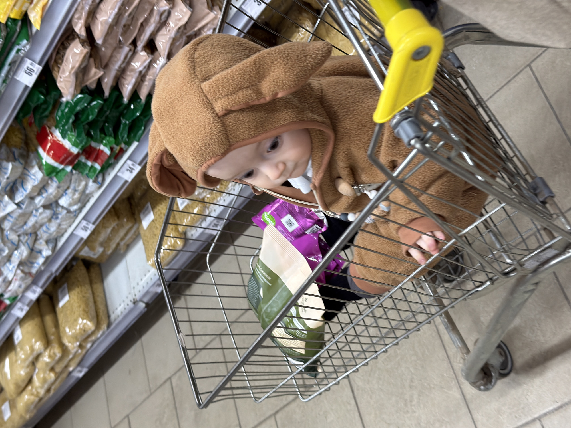 A high-angle shot inside what appears to be a grocery store in Saint Petersburg, Russia, features a baby in a brown, hooded, bunny-eared jacket sitting in a shopping cart. The baby is looking down and to the left. The cart also contains a bag of pasta and a package with purple accents. Shelves with various types of pasta are visible on the left. The floor is tiled in light grey. The handle of the shopping cart is yellow.