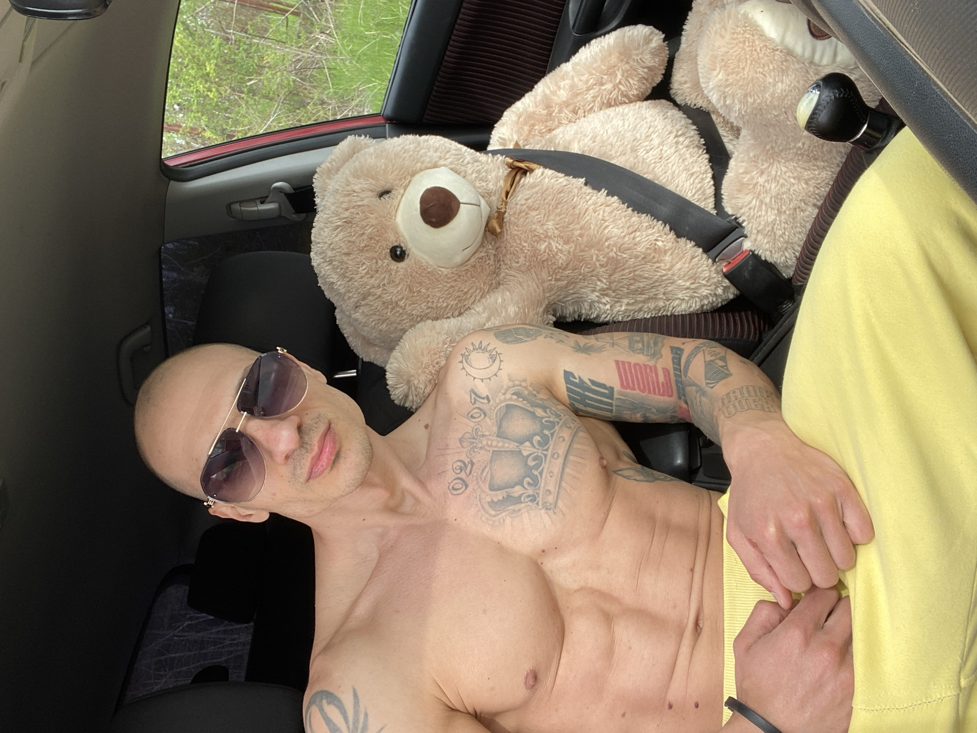 A topless adult male with a shaved head and sunglasses is seated in the driver's seat of a vehicle, wearing a yellow shirt. He has multiple tattoos on his chest and arms. A large teddy bear is in the passenger seat, secured with a seatbelt. The scene appears to be inside a car, with a view of greenery visible through the window. There is no clear indication that this image was taken in the city of Pleven, Bulgaria.