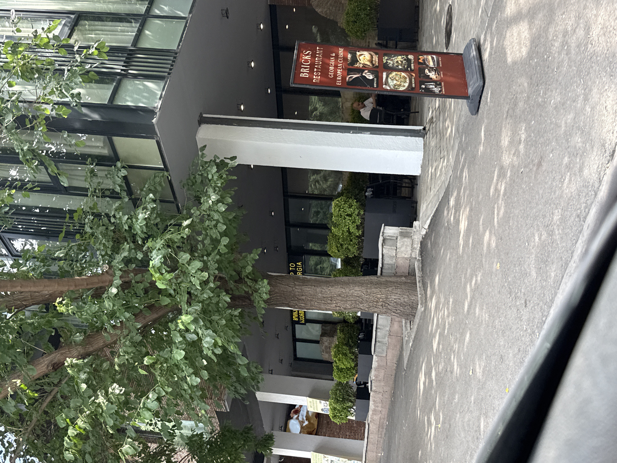 The image shows a tree with green leaves in front of a building. The building appears to be a restaurant with a sign that reads "BRICKS RESTAURANT GEORGIAN & EUROPEAN CUISINE". There are several potted plants along the sidewalk in front of the building. A person is seated at a table inside the restaurant. The ground is paved and there are shadows from the tree on the ground. The building has large windows and a modern design. The overall scene suggests an outdoor seating area for a restaurant in Tbilisi, Georgia.