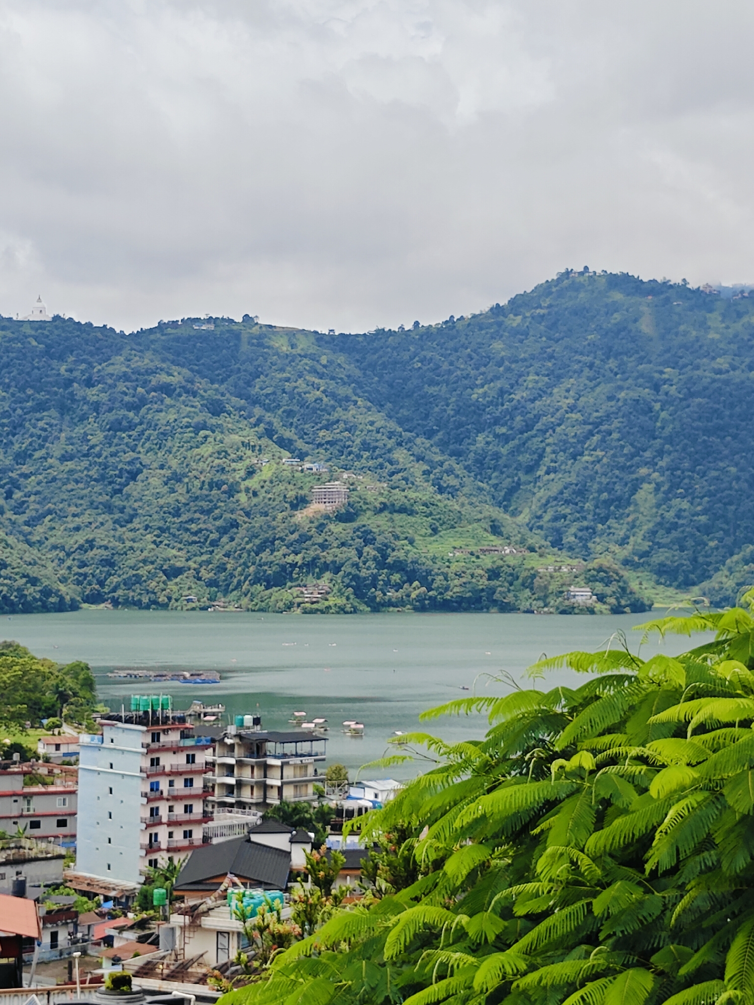 The image depicts a scenic view of Phewa Lake in Pokhara, Nepal, with lush green hills rising in the background. In the foreground, a cluster of buildings, including hotels and residential structures, lines the shore. Several small boats and floating platforms are visible on the calm waters of the lake. The sky is overcast, suggesting a cloudy day. The overall impression is of a tranquil lakeside town nestled amidst natural beauty.