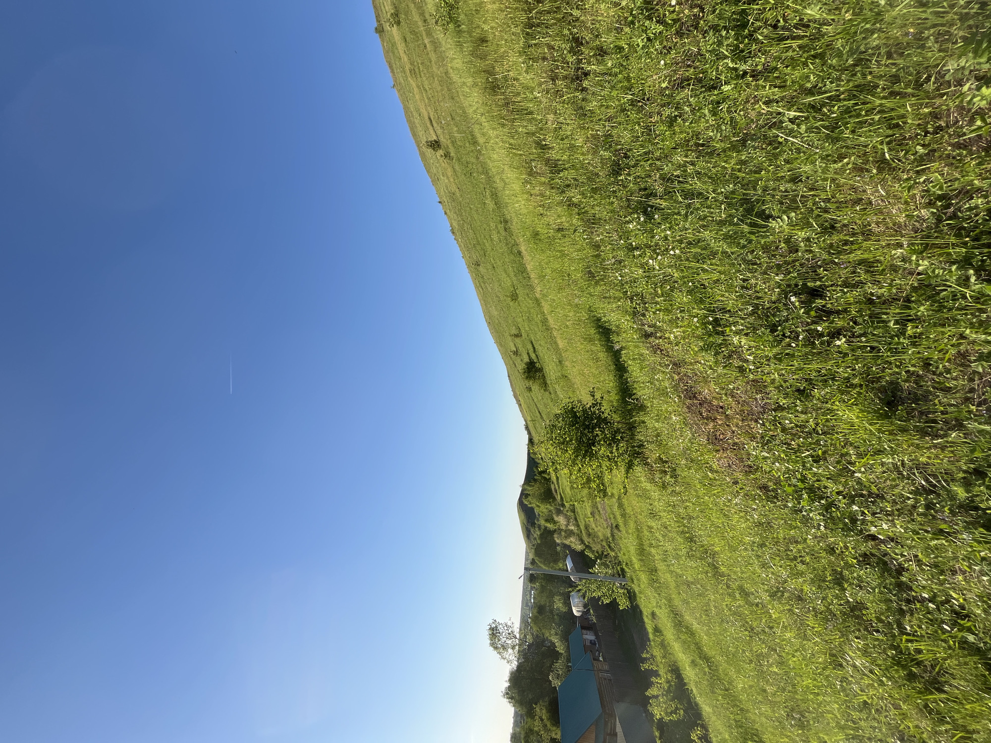The image shows a rural landscape in Ольховка, Russia. In the foreground are buildings and trees. A field of green grass slopes upwards to the right, with a clear blue sky on the left. There is a contrail visible in the sky.