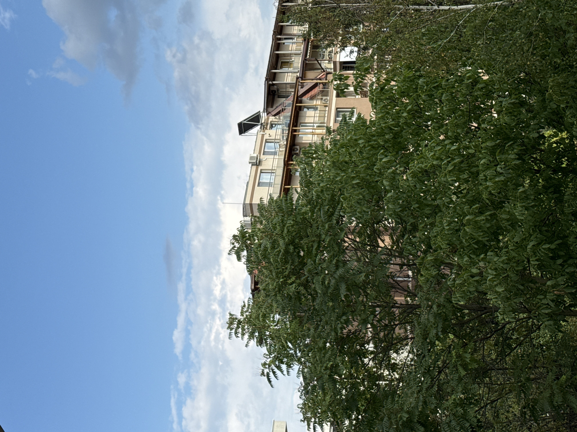 The image depicts a building with a solar panel on its roof, set against a blue sky with scattered clouds. In the foreground, there are lush green trees, partially obscuring the view of the building. The building appears to be a multi-story structure with balconies and windows, suggesting it could be an apartment complex or a hotel. The presence of a solar panel indicates a modern or eco-conscious design. The overall scene suggests an urban environment, possibly a residential area or a commercial district in Sofia, Bulgaria, given the context provided. No people or specific actions are visible in the image.