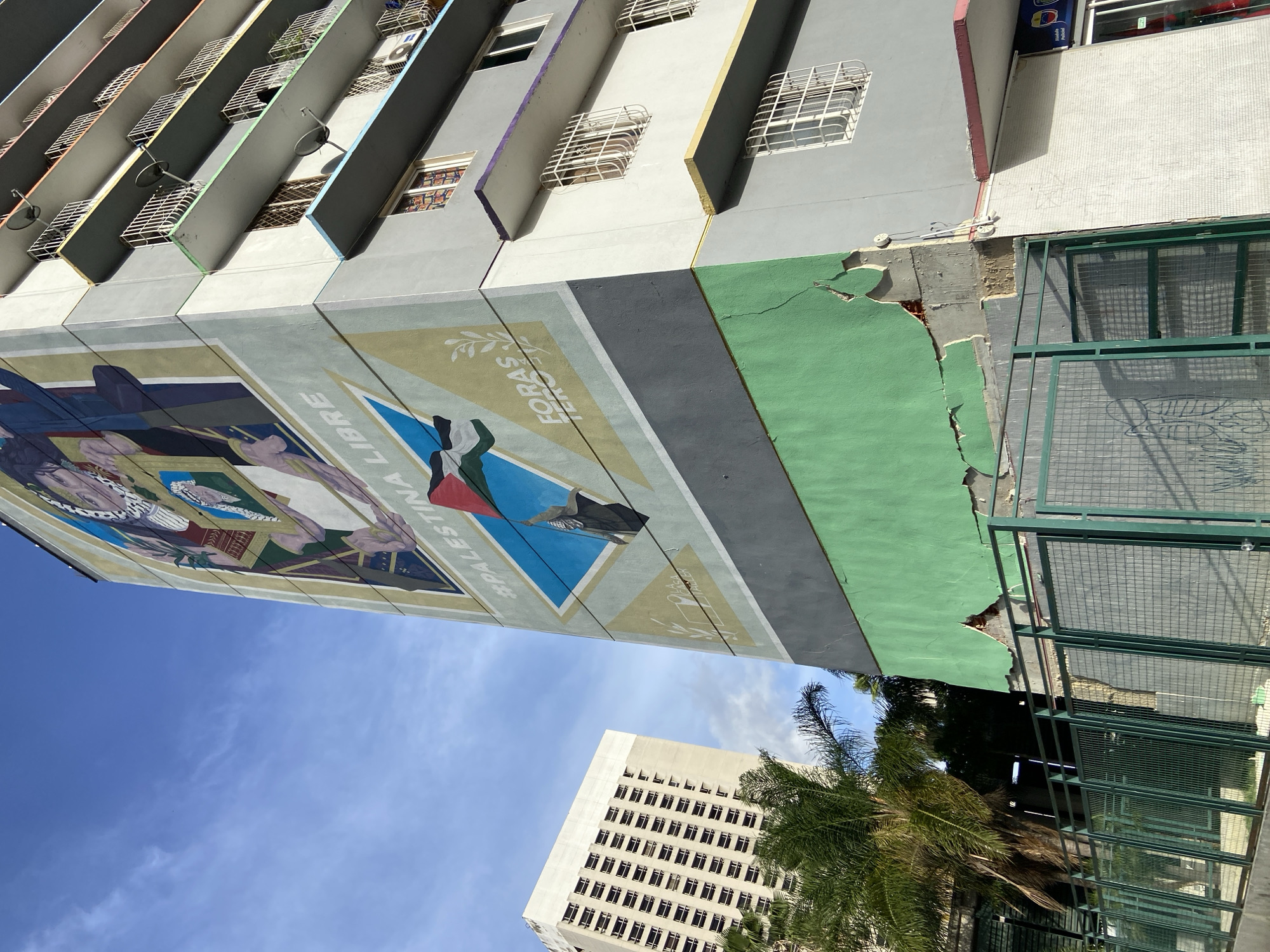The image captures an exterior view of a multi-story building in Caracas, Venezuela. The building's facade is partially adorned with a large mural, depicting what appears to be a political or social message, with imagery of people and flags. The mural is segmented into different colored panels, with text visible on one panel. One section shows the Palestinian flag alongside the text "#PALESTINA LIBRE," which translates to "Free Palestine." Another panel has the text "FORAS" and an image of a olive branch, symbolizing peace.
The building itself has a gray exterior, with multiple windows and balconies. Some balconies feature white metal security bars. The mural appears to be painted on a lower section of the building, contrasting with the more uniform gray of the upper floors.
To the right of the muraled section, a green wall shows signs of damage and deterioration, with cracks revealing underlying concrete. Beyond this, a green metal fence encloses an area. In the background, another modern white building with numerous windows is visible, partially obscured by palm trees. The sky is blue with some scattered white clouds, suggesting it is daytime. The overall impression is a mixed urban environment, with elements of art, decay, and everyday life.