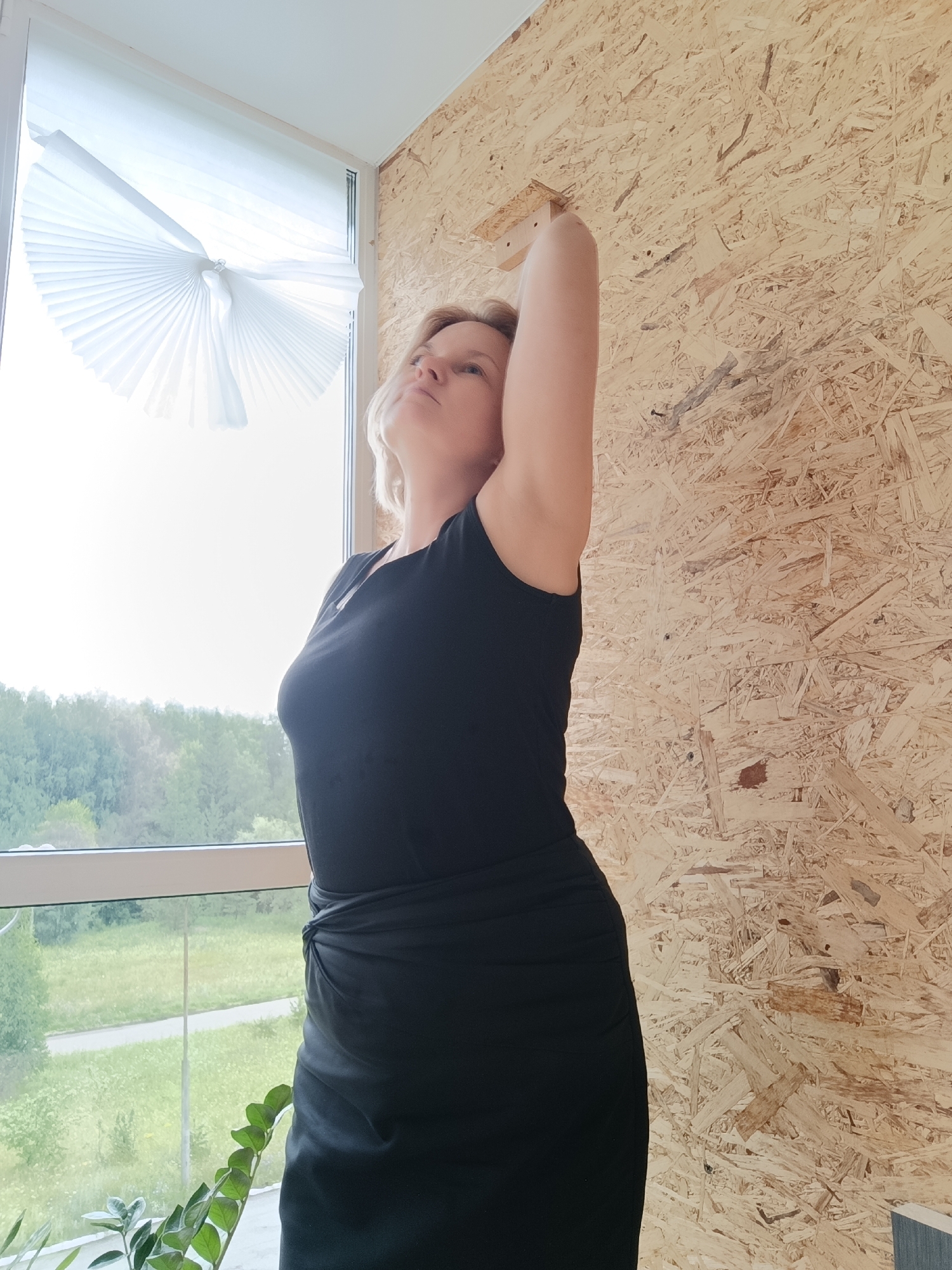 A medium-shot, indoor, eye-level, full body portrait shows a blonde woman with her right arm raised, her hand reaching towards a ceiling fixture. She is wearing a black t-shirt and a black skirt with a knotted detail at the waist. The woman is standing in front of a window that overlooks a green, treed landscape with a dirt path. To her right, a wall made of particle board is visible. The scene is in a room with a white pleated shade covering the top half of the window.