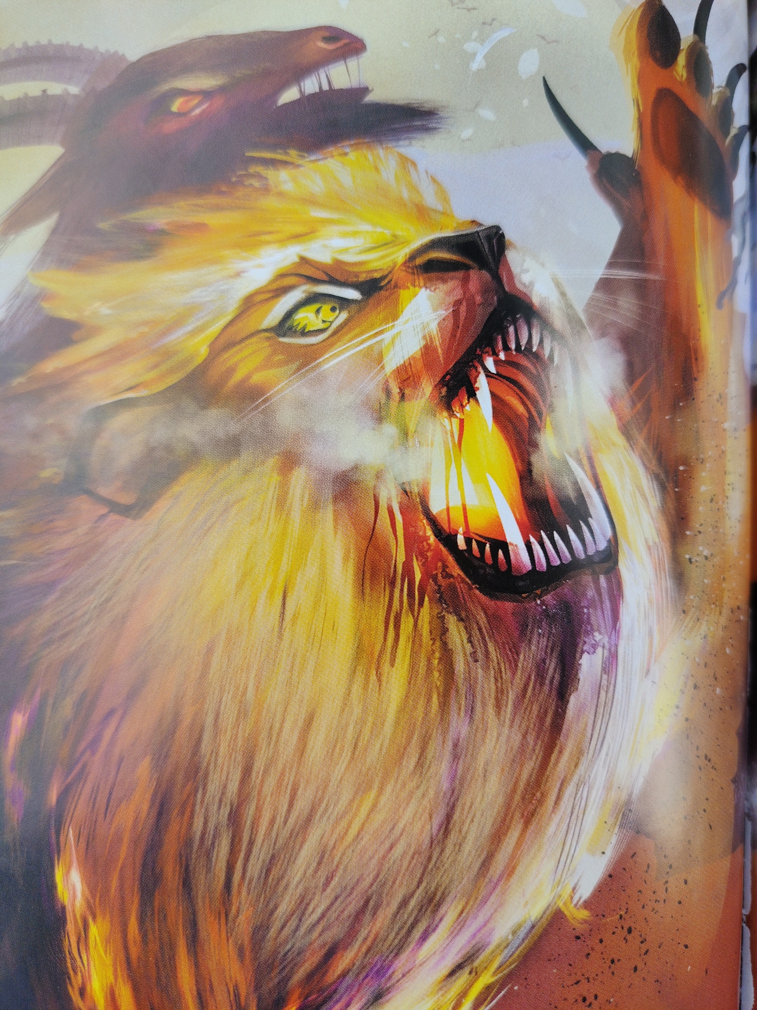 This image is a close-up, digitally rendered illustration of a mythical creature, likely a Chimera, in an aggressive pose. The primary subject is a lion's head, depicted with a fiery mane that transitions into shades of orange, yellow, and purple. Its mouth is wide open in a roar, revealing sharp, white teeth and a glowing, fiery interior. The lion's eyes are bright yellow with intense pupils, conveying ferocity and power.
Above and behind the lion's head, the head of another creature, possibly a dragon or serpent, is visible. This creature has dark brown scales, sharp teeth, and fiery red eyes, adding to the chaotic and dangerous nature of the scene. To the right, a large, clawed paw, also rendered in fiery orange and yellow hues, is raised as if in attack or defense. The background is a light, hazy color, suggesting an ethereal or abstract setting, with some scattered darker elements resembling embers or dust.
The overall impression is one of intense action and raw power. The vibrant colors and dynamic brushstrokes create a sense of heat and movement. There is no visible text in the image. The scene evokes a feeling of danger, conflict, and mythical combat.