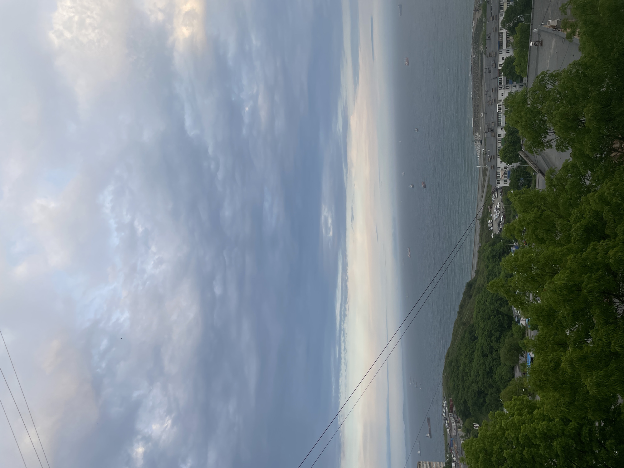 This image captures a broad coastal landscape, viewed from an elevated perspective looking out towards the sea.
The scene is dominated by a vast, cloudy sky, filling the upper portion of the frame. The clouds are predominantly light grey and white, with brighter patches suggesting the sun is diffused behind them, indicating daytime, likely late morning or afternoon.
The midground features a wide expanse of calm, greyish-blue sea, stretching towards a hazy horizon where it merges with the distant sky. Several ships of varying sizes, some appearing as cargo vessels, are visible across the water, hinting at maritime activity.
Below the sea and along the coastline, a strip of land is visible. To the right and in the foreground, a lush green hillside is covered with dense trees and foliage. Along the water's edge, a series of buildings, possibly part of a port or a town, line the shore, with parked cars suggesting infrastructure.
Two prominent dark, parallel cables, likely power or communication lines, traverse diagonally from the lower left to the upper right of the image, cutting across the sky and sea. No specific human activities are distinctly visible, and no text is present in the image. The overall mood is one of quiet vastness, typical of a large coastal area under an overcast sky. The location is Vladivostok, Russia.