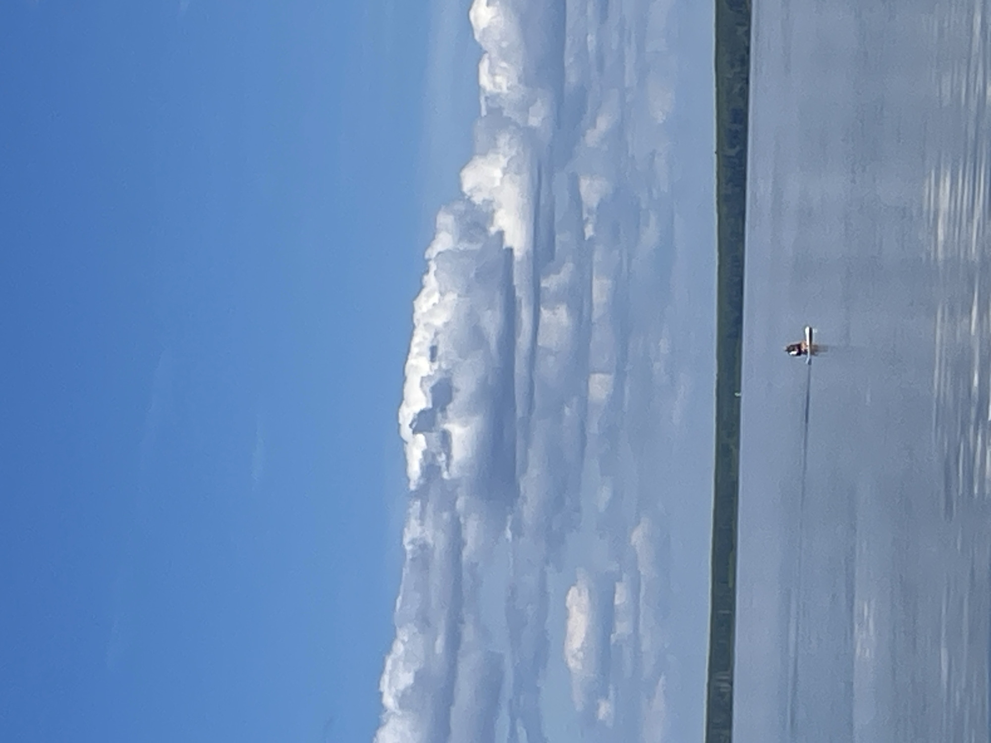 The image captures a wide-angle view of a calm body of water under a clear blue sky with scattered cumulus clouds, located in the vicinity of the city of Chaikovsky, Russia. A distinct dark green forested horizon spans the mid-distance. In the center-right of the water, a single individual is seated or kneeling on a white stand-up paddleboard, facing towards the left side of the frame. The person is wearing dark clothing and a small wake trails behind the paddleboard, indicating movement. The water surface shows slight reflections of the sky and clouds. The scene is illuminated by bright daylight.