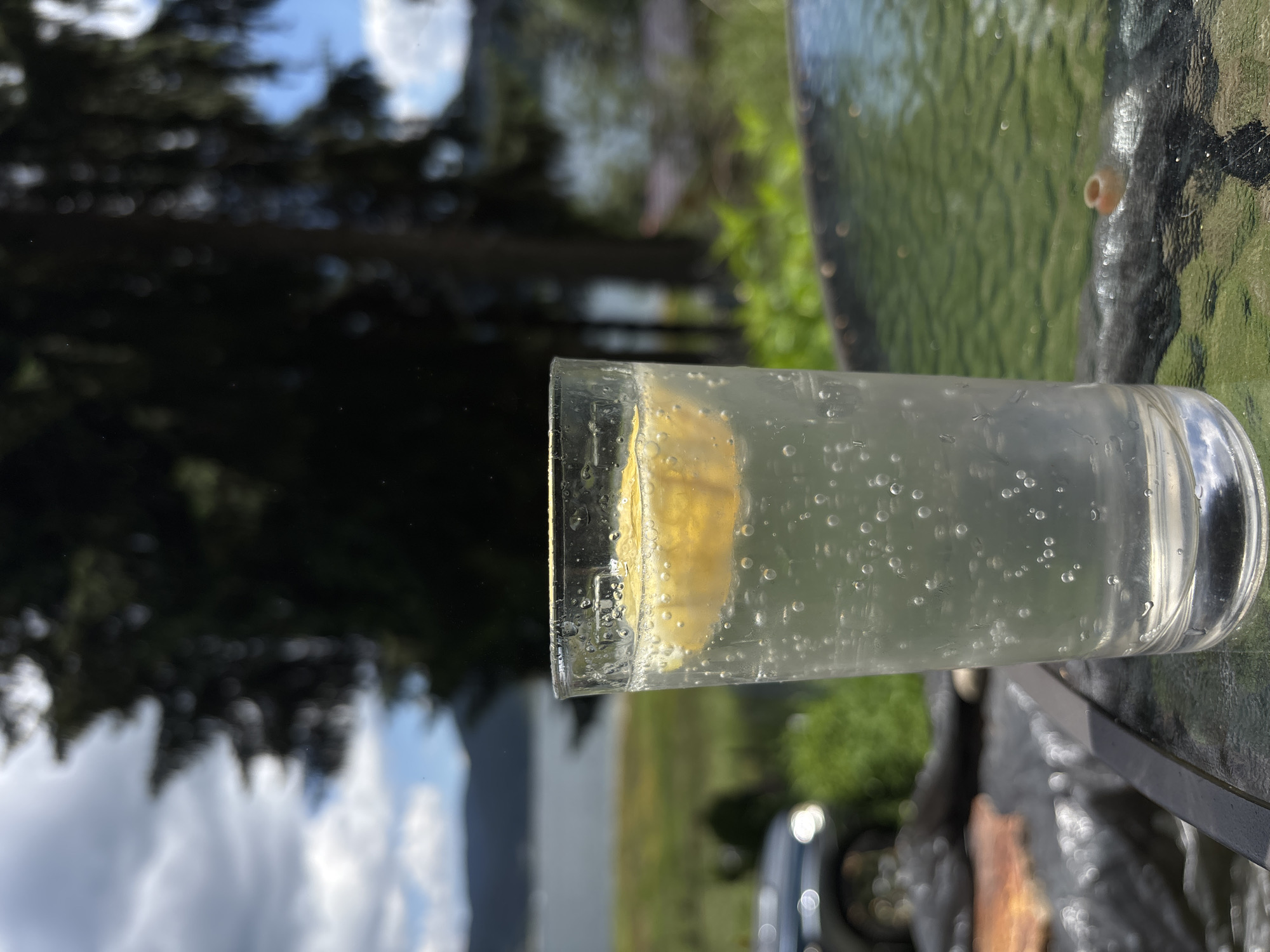 A clear glass filled with a bubbly, clear liquid and a lemon slice is on a glass table. In the background, out of focus, is a body of water, green hills, trees, and a cloudy sky. There is a car on the left side of the image, also out of focus. The scene appears to be outdoors, possibly in a natural setting.