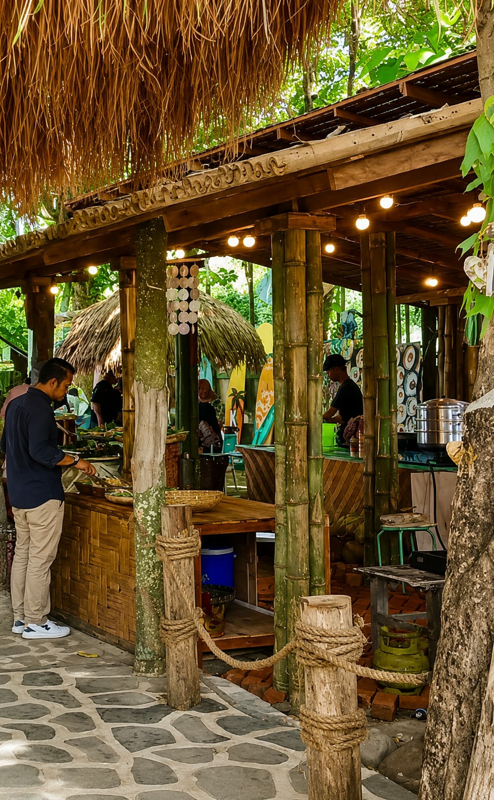 The image shows an outdoor food stall with a thatched roof and bamboo accents. A man in a dark blue shirt and beige pants is standing at the counter, serving food from a tray with tongs. He is wearing white sneakers. To the right of the counter, another man in a black shirt is visible behind a bamboo structure, and further back, a woman in a headscarf is standing. In the background, there are surfboards and decorative items. The ground is paved with irregular stone tiles. The stall appears to be set up in a garden or natural setting, with trees and greenery visible. The overall impression is of a casual dining establishment.