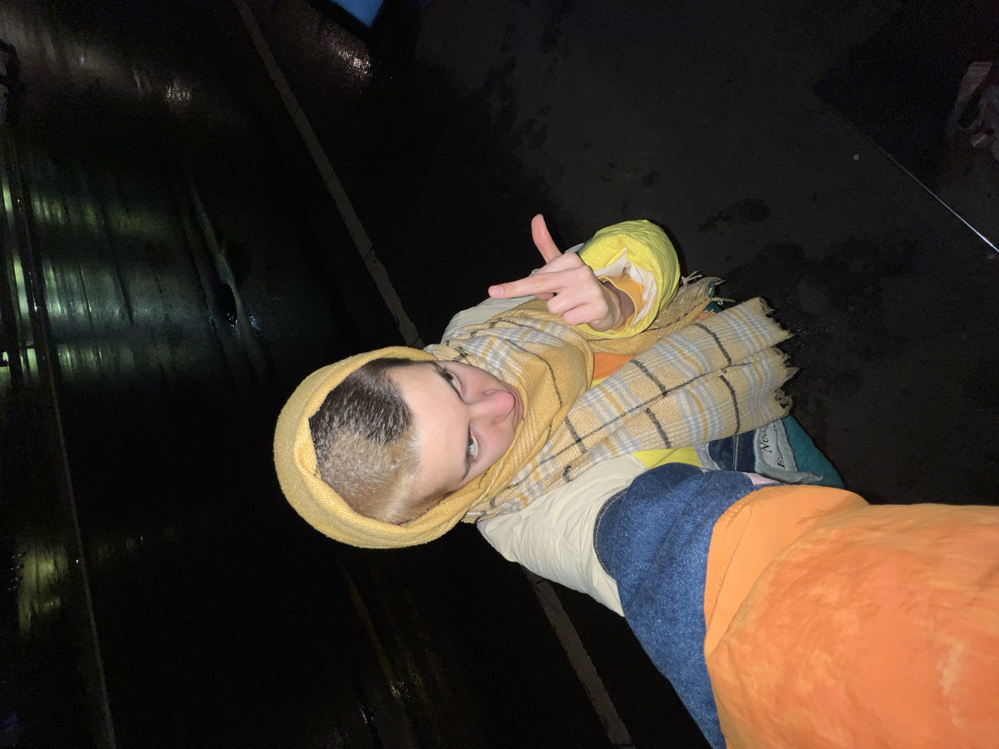 A person is posing for a selfie outside at night. The location appears to be a street in an urban setting, possibly Palilula Urban Municipality, Serbia, based on the prompt. The person is dressed in multiple layers of clothing, including a yellow hooded jacket, a yellow and gray plaid scarf, and a blue denim jacket layered over an orange garment. The person is making a gesture with their hand. The street surface is dark and appears to be wet or reflective.