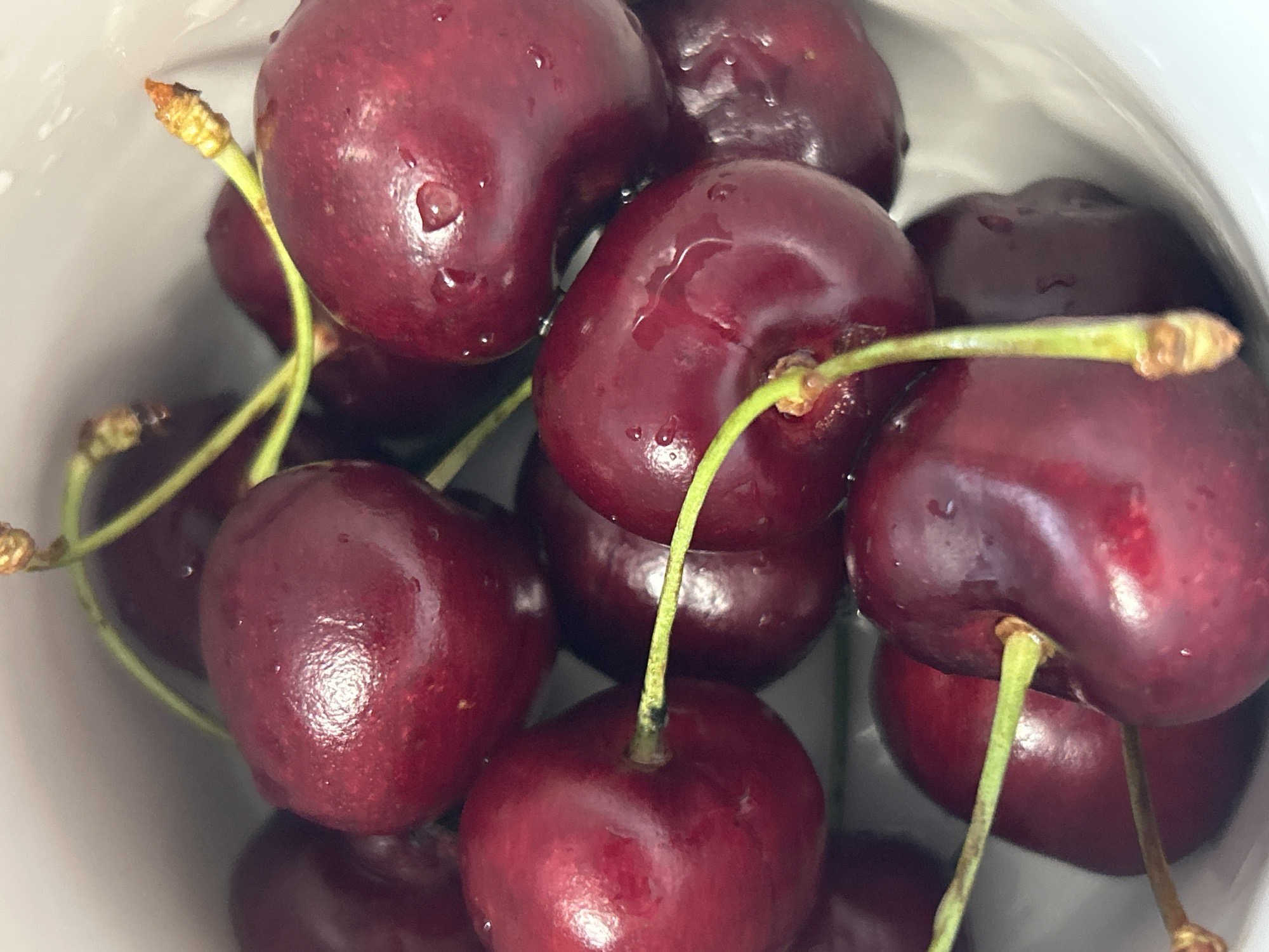 The image presents a close-up, top-down view of numerous fresh, deep red cherries clustered within a white container. The cherries exhibit smooth, glossy skin, with multiple small, clear water droplets visible on their surfaces, creating reflective highlights. Each cherry is attached to a slender stem, varying in color from bright green to yellowish-green; some stems display brown, dried tips or points of breakage. The fruit is densely packed, occupying the majority of the frame, with curved sections of the white container visible along the upper right, right side, and bottom right edge, suggesting an interior vessel like a bowl or cup. Strong, directional lighting, likely from above or the front, illuminates the cherries, emphasizing their sheen and the water droplets. No human subjects, specific actions, or interactions are discernible. The immediate environment is limited to the fruit and its container. The image does not contain any visual data to ascertain a specific geographical location, including the city of Марковский, Russia, or any other locale.