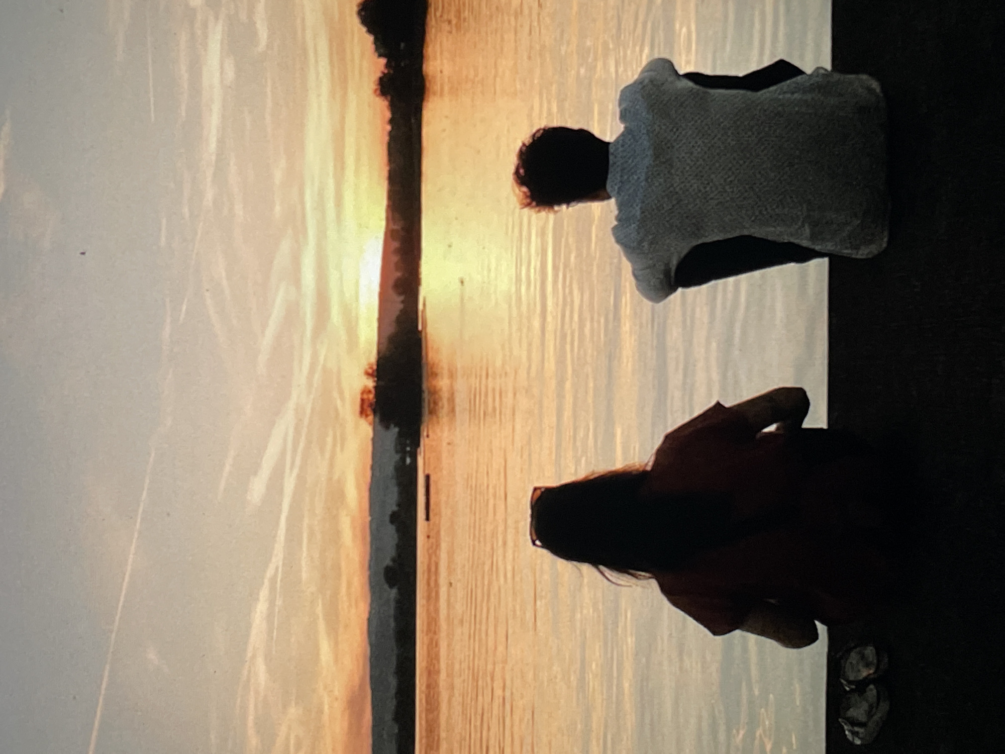 Two people are sitting next to each other, likely on a pier or dock, overlooking water. A dense, dark vertical object bisects the image and aligns with the setting sun, which appears orange and brilliant over the horizon. The location is likely Saint Petersburg, Russia, given the landscape. The people are facing the water, possibly watching the sunset. The water reflects the colors of the sunset. The people are dressed in casual clothing.