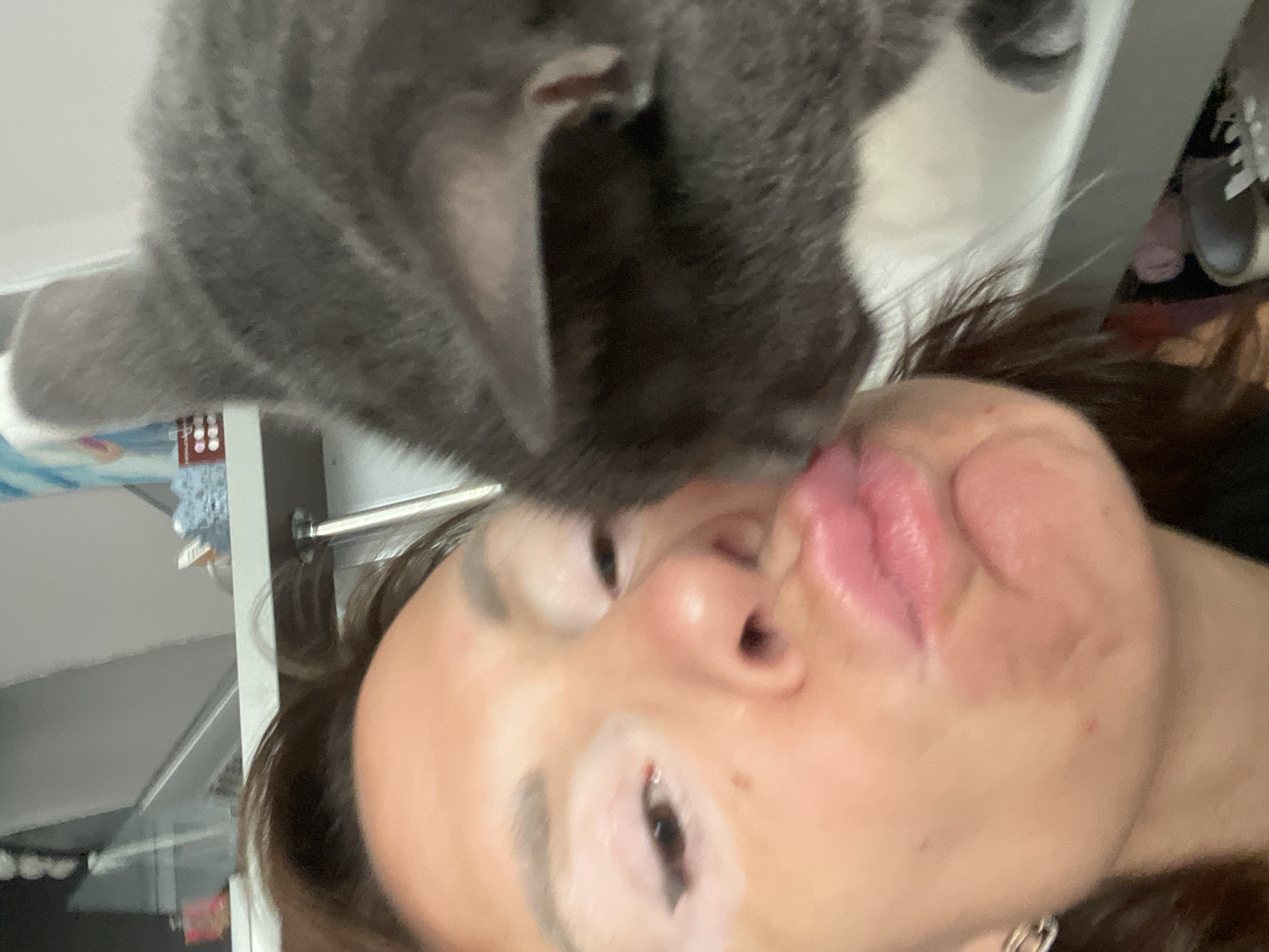 A woman with vitiligo is leaning into the frame with her lips pursed, appearing to be kissing a grey cat. The cat's head is close to her face, obscuring part of it. The background is blurred, showing what appears to be shelves with various objects. The image is a close-up selfie. There is no indication of the location in the city of Sochi, Russia.