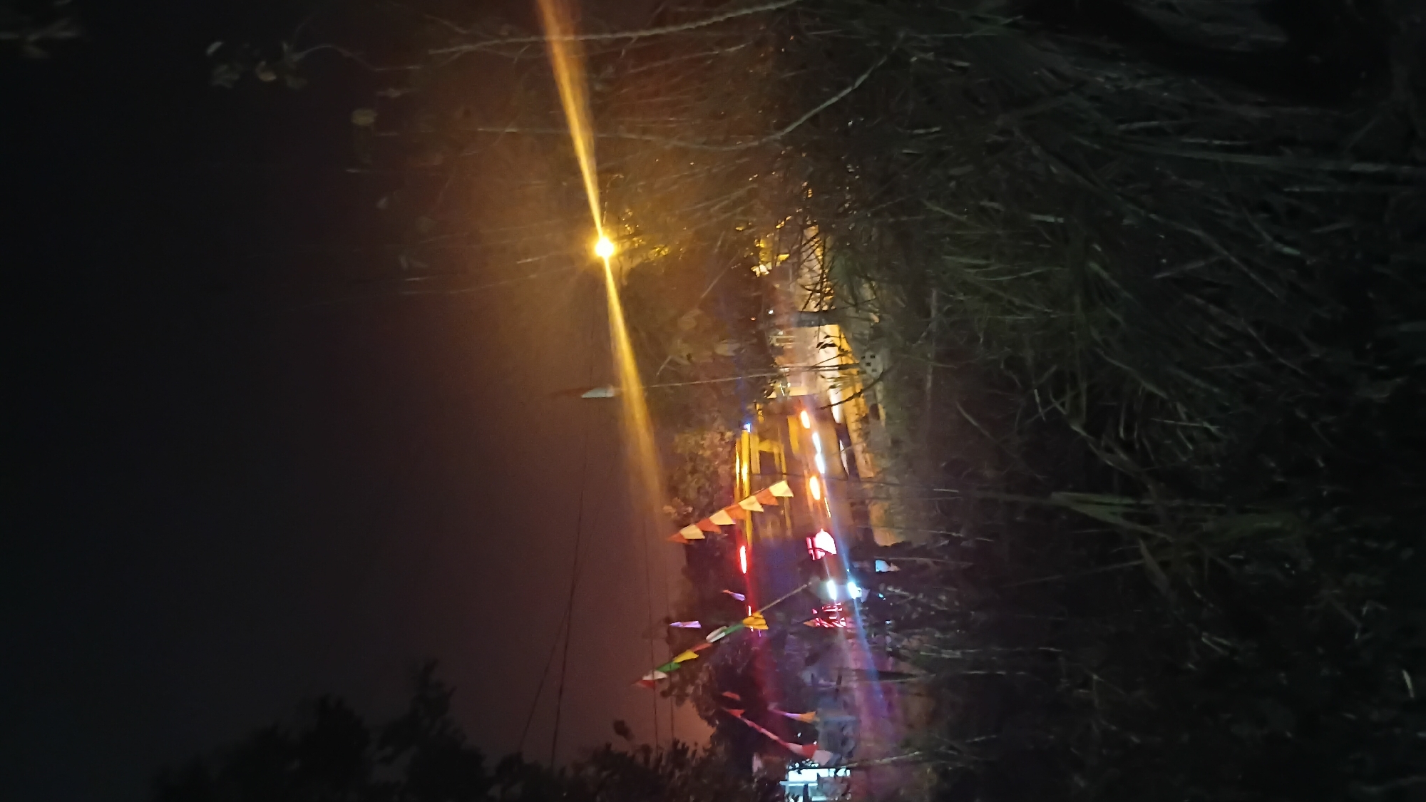 A nighttime photograph taken from a low angle captures a scene on a road in Prabumulih, Indonesia. The foreground is dominated by dark, out-of-focus foliage, with some blades of grass catching the ambient light. In the mid-ground, a street lamp emits a strong, warm glow, creating a lens flare that streaks across the upper right portion of the image. Behind the lamp, a blurred yellow vehicle, possibly a van or small truck, is visible with its headlights and taillights illuminated. The vehicle appears to be moving, as indicated by the light trails. Several small flags, predominantly red and white, are attached to poles and are positioned along the roadside, adding a touch of color to the dark scene. The background is dark with faint indications of trees and structures, suggesting a semi-urban or roadside environment within the city. The overall impression is one of a dimly lit street in Prabumulih at night.