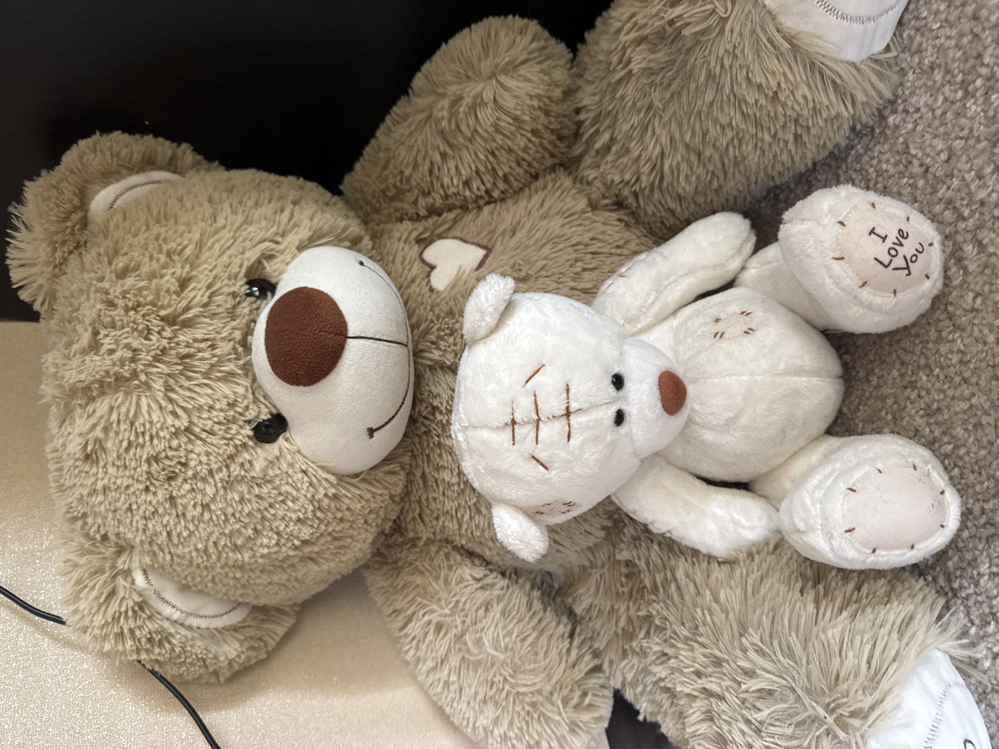 A light brown, fluffy teddy bear is lying on a textured, gray surface. A smaller, white teddy bear is lying on top of the larger bear. The small teddy bear has brown stitches for its mouth and a brown nose. One of the paws of the small teddy bear has the words "I Love You" written on it. A thin, black wire is visible near the bottom left corner of the image. The location is Ждановіцкі сельскі Савет, Belarus.