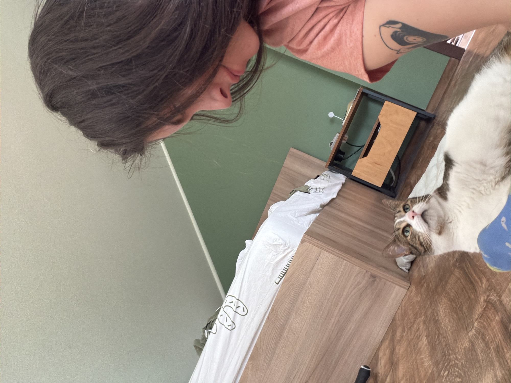 A person with dark hair is looking down at a cat lying on the floor. The cat is white and brown with green eyes. The person is wearing a pink shirt and has a tattoo of a record on their arm. In the background, there is a bed with white sheets, a wooden nightstand, and a green wall. The floor is made of wood. The scene appears to be indoors, in a bedroom.