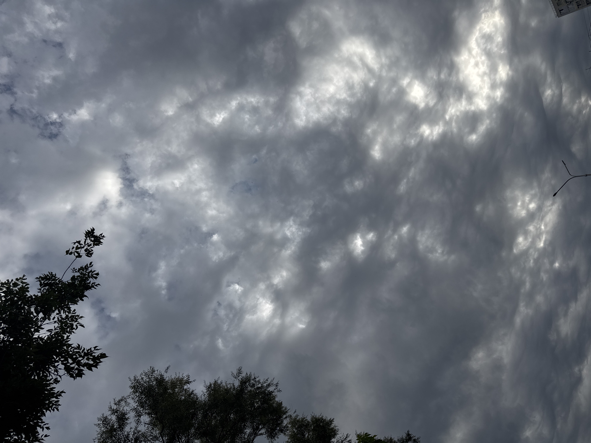 The image captures a cloudy sky over Ufa, Russia, with the branches of trees visible in the upper left corner. The clouds are dense and varied in texture, with some patches appearing brighter where sunlight breaks through. A street lamp with two fixtures is visible in the lower center of the frame, and a portion of a building can be seen in the lower right corner. The overall lighting suggests it may be daytime, but with overcast conditions.