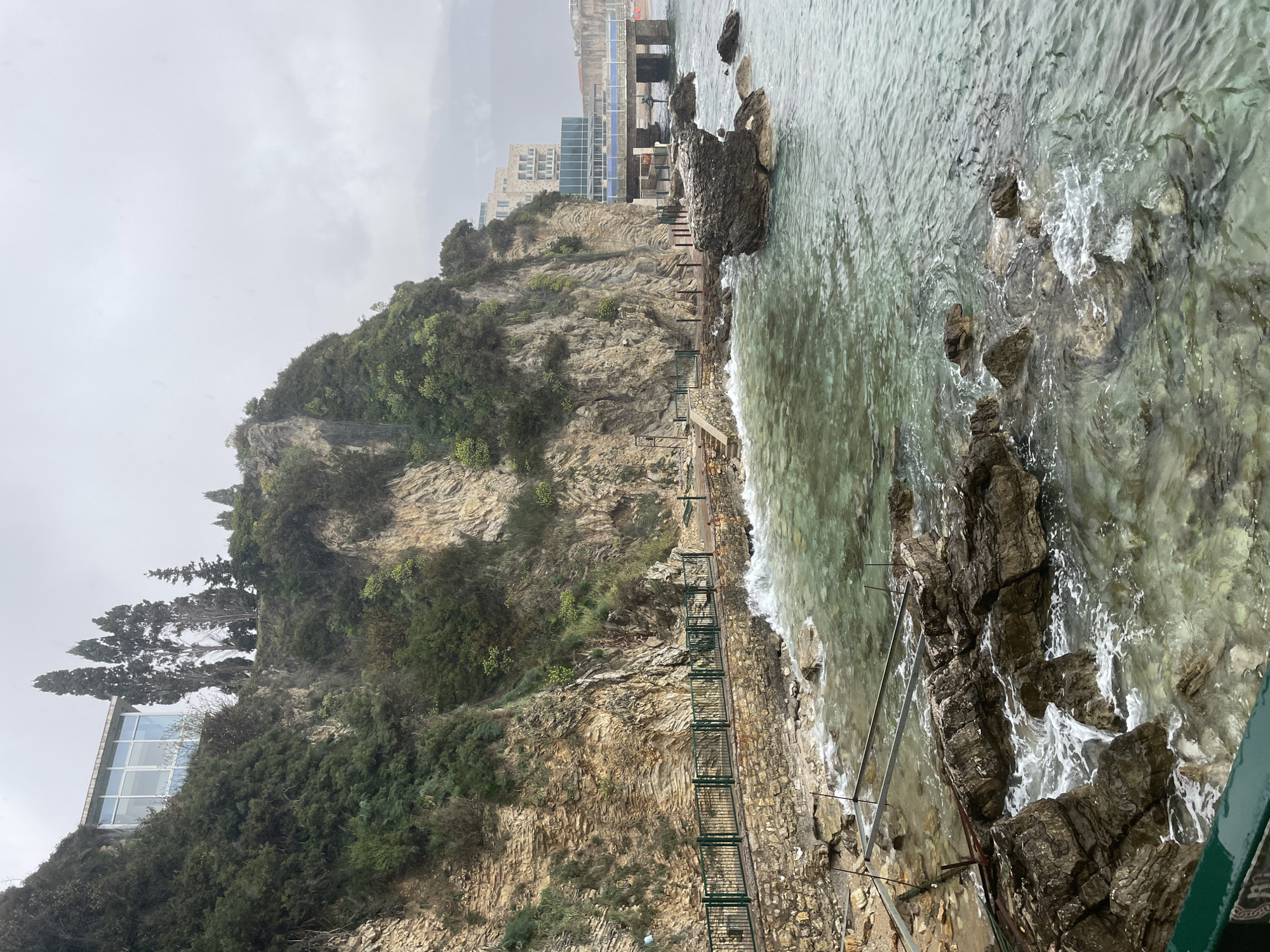 The image displays a coastal scene in Budva, Montenegro, under an overcast sky. The foreground and left midground feature a steep, layered rock cliff face densely covered with green vegetation, including bushes and tall, slender trees. A narrow paved pathway with a dark green metal fence on its seaward side runs along the base of this cliff. Waves break against the path's stone foundation and numerous dark rocks partially submerged in the clear, turquoise-green water. Metal framework is visible partially submerged near the path. Atop the cliff on the left, a modern building with large glass windows is visible. The right side of the image shows the open sea, with additional scattered rocks. In the distant background, a multi-story building with light facades and a concrete pier or elevated walkway with blue railings extends into the water. No individuals are present in the scene.