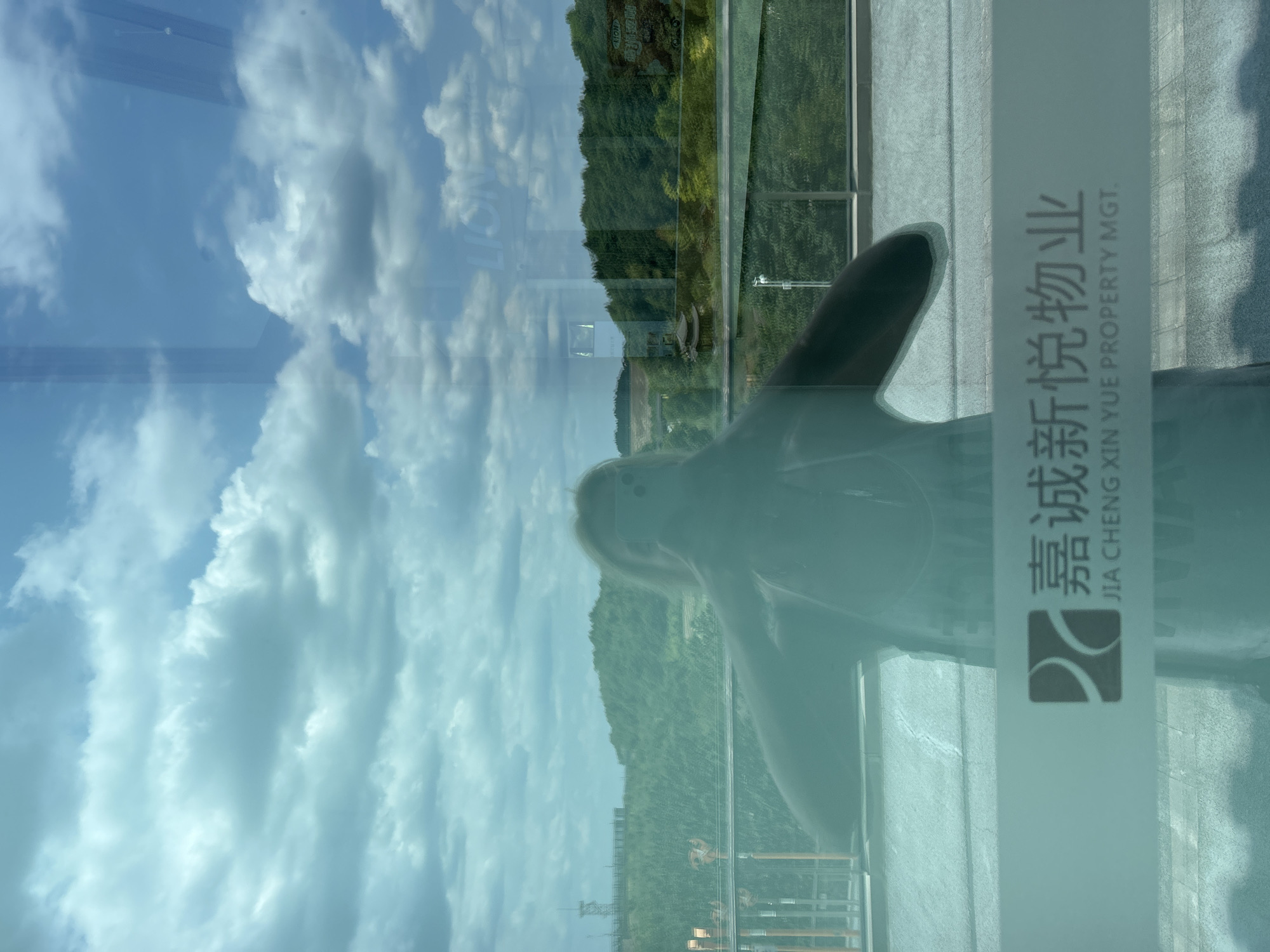 A reflection shows a woman holding a smartphone, taking a selfie in front of a window that overlooks a green, hilly landscape under a cloudy sky. A strip of white frosting on the window displays a logo and text in Chinese characters, which reads "嘉诚新悦物业" and "JIA CHENG XIN YUE PROPERTY MGT." The reflection also captures a railing in front of the window and part of a building interior. The scene is likely in Jianyang City, China, as indicated by the presence of the property management company's name.