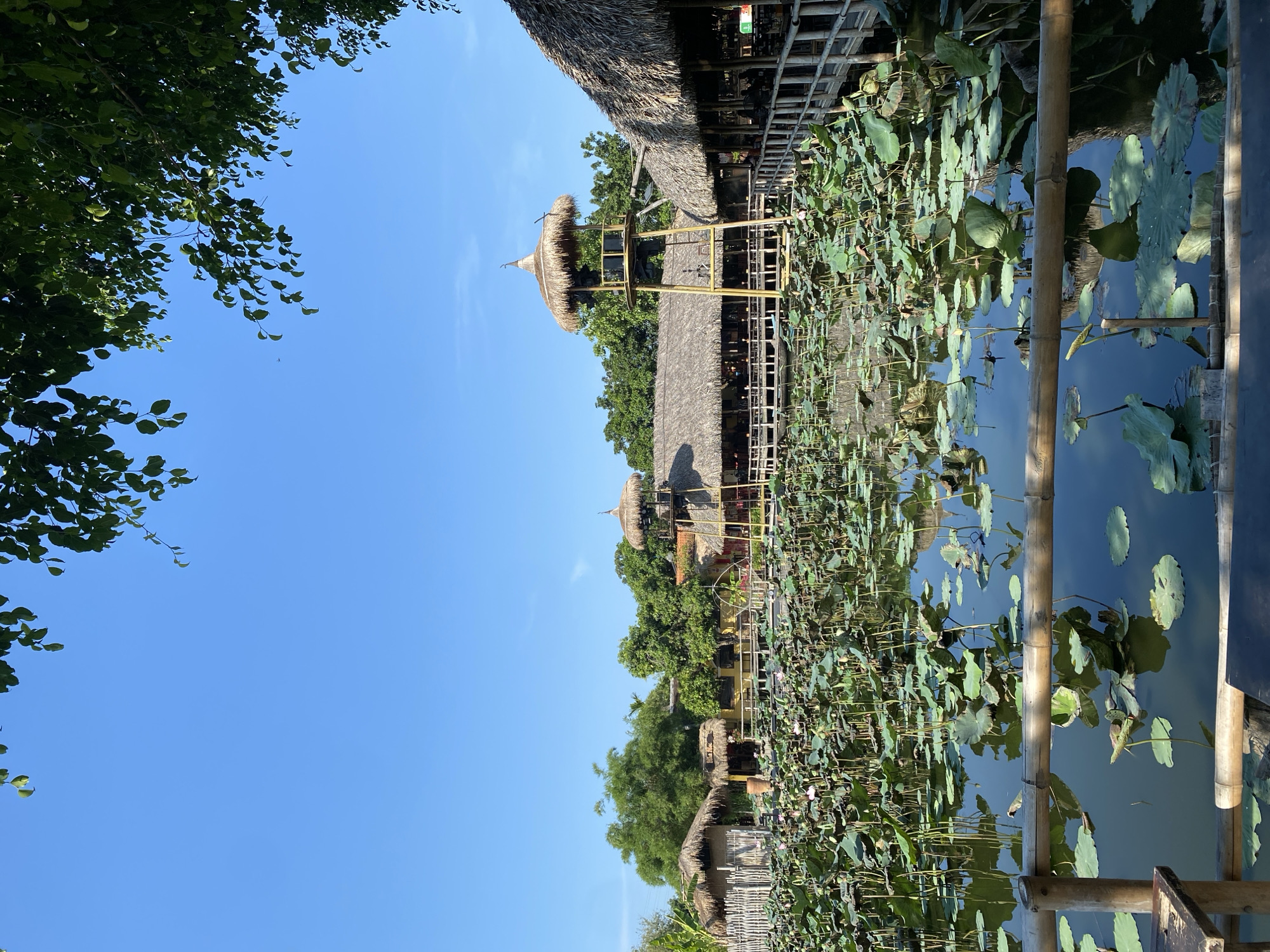 The image depicts a serene waterscape at a lotus pond in Nam Nha Trang Ward, Vietnam. The foreground features a body of water densely covered with lotus pads and occasional lotus flowers, reflecting the bright blue sky above. A rustic bamboo fence separates the pond from a seated viewing area where a table is partially visible. Beyond the pond, a series of traditional thatched-roof structures are set on stilts, connected by wooden walkways. These buildings appear to be part of a restaurant or resort, with their rustic architecture blending harmoniously with the natural surroundings. One of the structures features a tall, multi-tiered lookout tower topped with a thatched roof, adding a unique architectural element to the scene. Lush green trees form a backdrop behind the buildings, and the clear sky suggests a sunny day. The overall impression is one of tranquility and natural beauty, with a touch of local Vietnamese cultural aesthetics. There are no people clearly visible in the scene.
