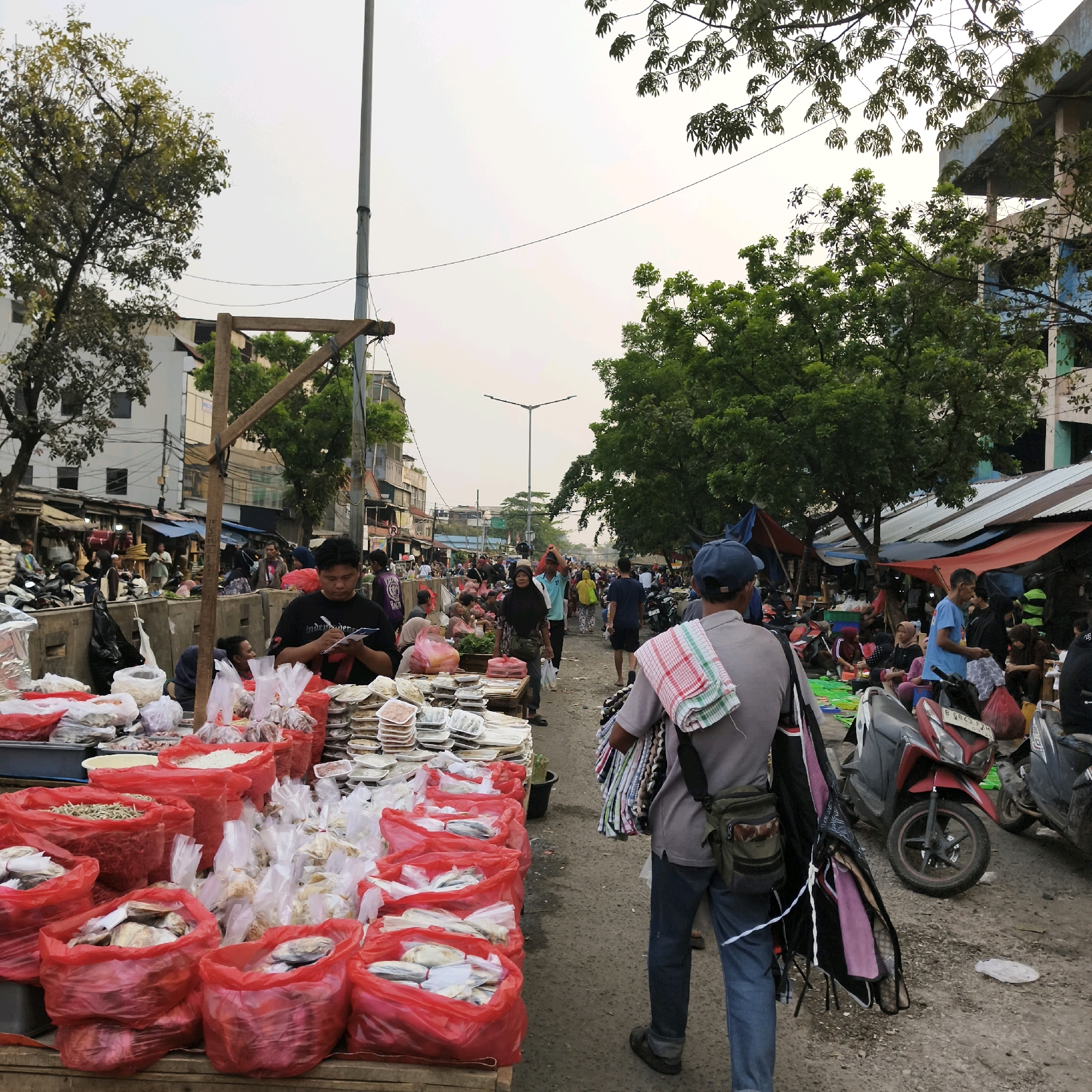 An outdoor market scene is depicted, likely in South Jakarta, Indonesia, given the presence of common market setups and architecture. In the foreground, a man in a black t-shirt is writing on a piece of paper, positioned behind a stall displaying numerous red plastic bags filled with fish and other items. Adjacent to these bags are stacks of small, white containers holding food items. To the right, another man is walking away from the camera, carrying a folded garment over his shoulder and a bag. Several motorcycles are parked on the right side of the road.
The market appears to be a bustling thoroughfare lined with stalls and various buildings. People are visible throughout the scene, engaged in shopping, selling, or simply moving through the market. The stalls have corrugated metal roofs, and some are covered with tarpaulins in red and blue. Trees with dense green foliage line the sides of the market, and a street light is visible in the distance. The ground is a rough, gravelly surface. The sky is overcast.