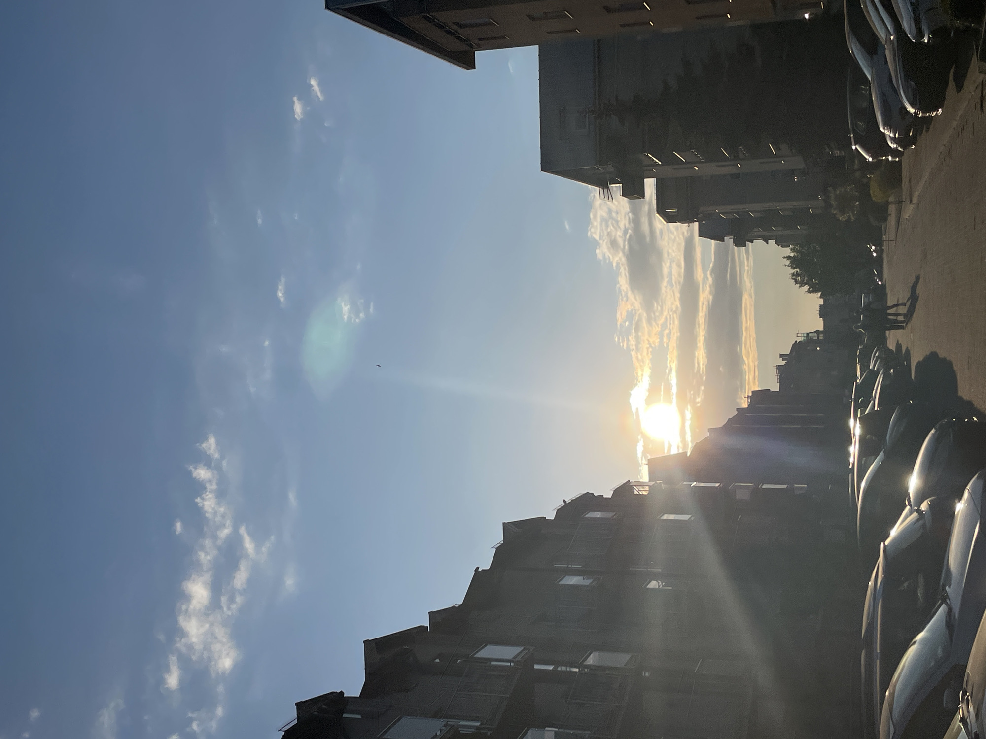 The image shows a street scene in an urban setting. On either side of the street, buildings of varying heights are visible, some with visible windows and architectural details. Rows of parked cars line the side of the street on the right. The sun is positioned low in the sky, casting a bright light and creating lens flare effects. There are clouds in the sky. A small bird is visible. Two human figures are walking.