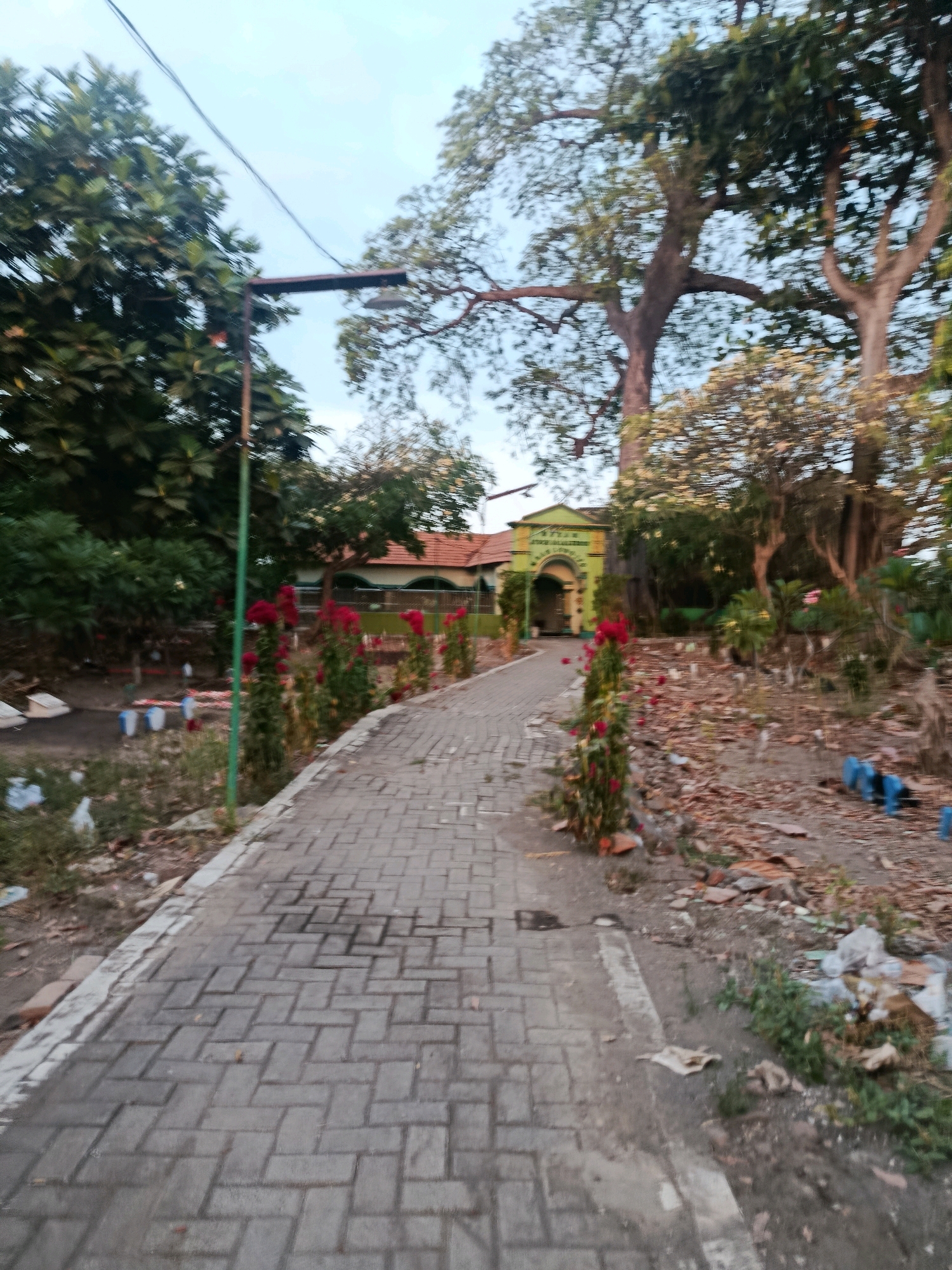A brick pathway leads towards a building with an arched entrance. Tall trees with dense foliage and a flowering tree with white blooms are visible. Red flowers line the left side of the pathway. The ground beside the pathway is covered with dry leaves and some debris, including plastic bags and blue plastic items. A street lamp with a horizontal fixture is positioned on the left side of the pathway. The sky is overcast.