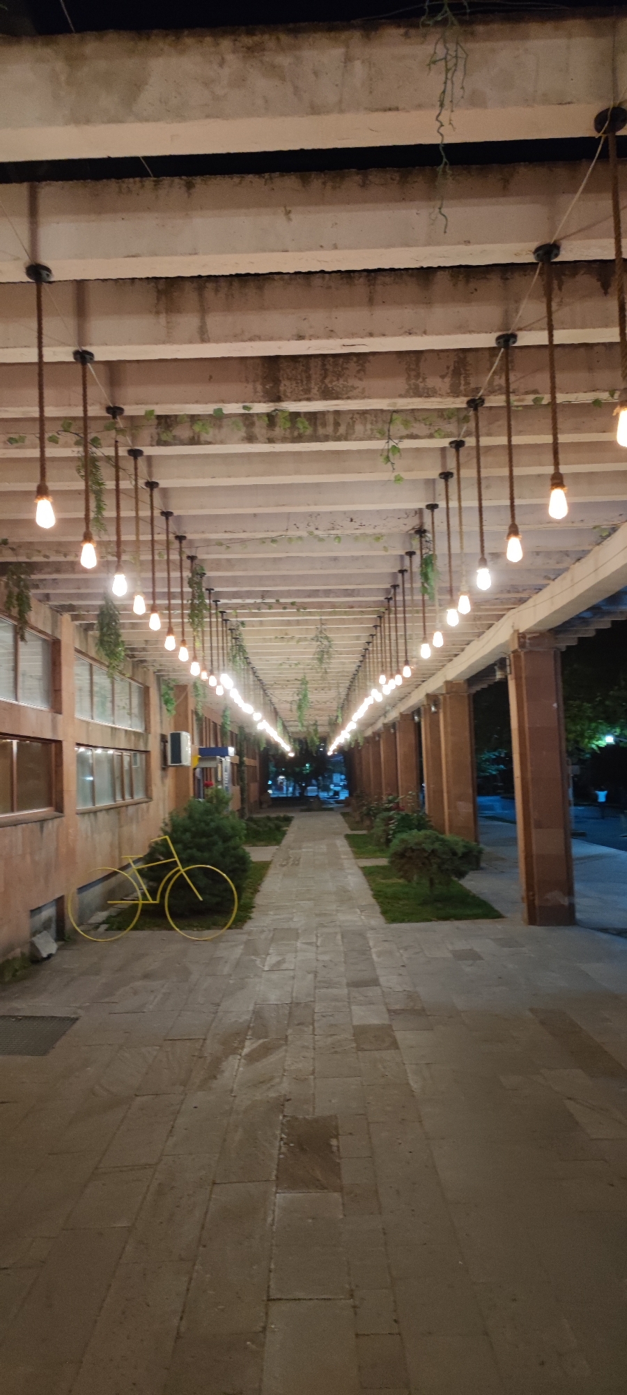 The image depicts a long, covered walkway with a stone tile floor. The walkway is illuminated by a series of pendant lights hanging from the ceiling, which is supported by columns. Greenery, possibly vines, is present along the ceiling. On the left side of the walkway, there is a building with windows and a decorative yellow bicycle sculpture. On the right side, there are more columns and some potted plants. The walkway extends into the distance, where trees and more distant structures are visible. The scene appears to be outdoors, likely in a public space. The image is taken at dusk or night, as indicated by the artificial lighting. This location is in the city of Vagharshapat, Armenia.