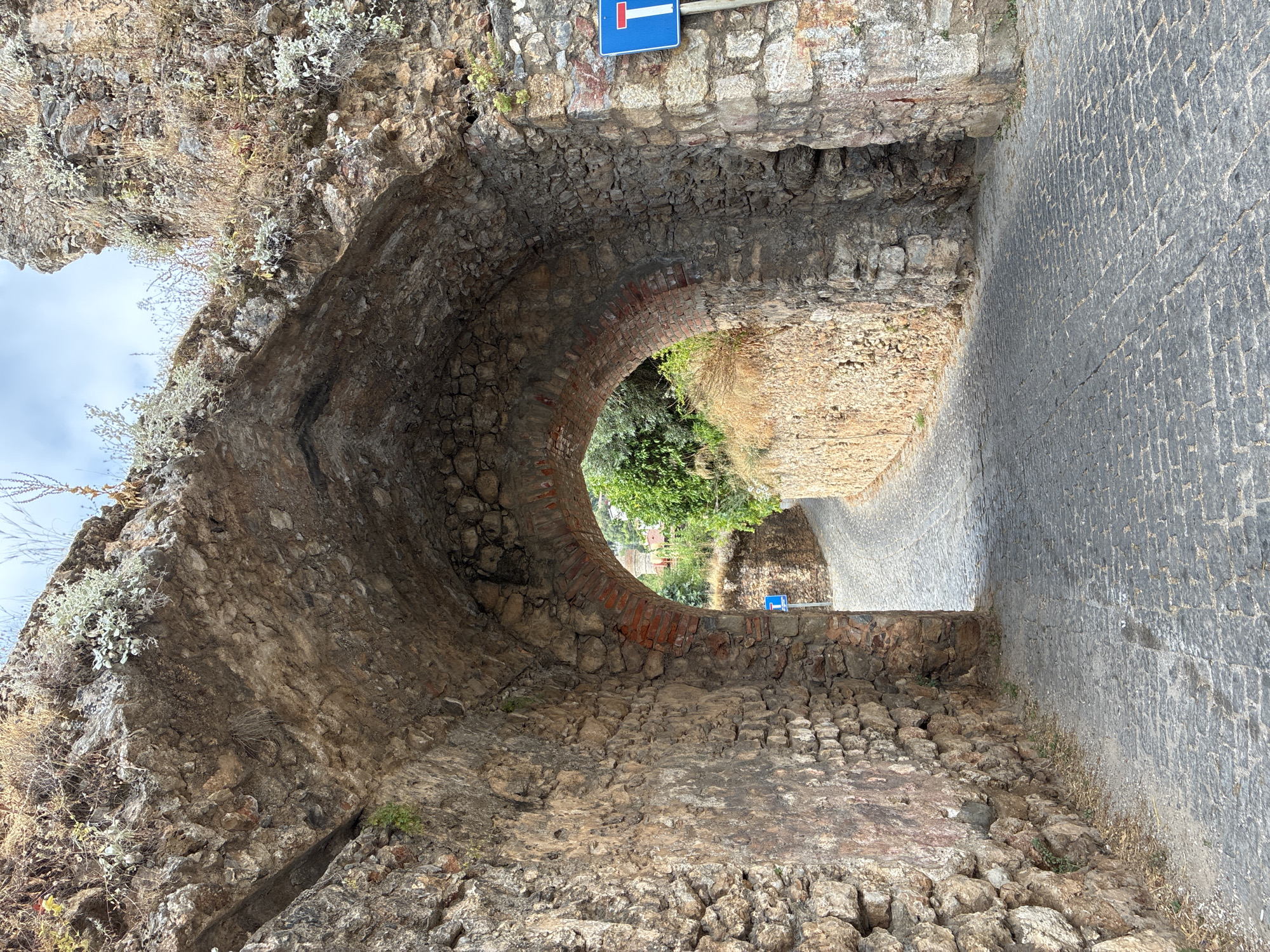 The image depicts an ancient stone archway in Alanya, Turkey, leading to a cobblestone street that curves to the left and ascends slightly. The archway is constructed from rough, irregular stones with some red brick visible in the inner curve. Vegetation, including dry grasses and small green plants, grows along the top and sides of the arch. Beyond the arch, the street is lined with stone walls, and foliage is visible further up the hill. A blue traffic sign with a red horizontal bar is mounted on a pole to the right of the arch. The sky above is partly cloudy. There are no people or animals visible in the scene.