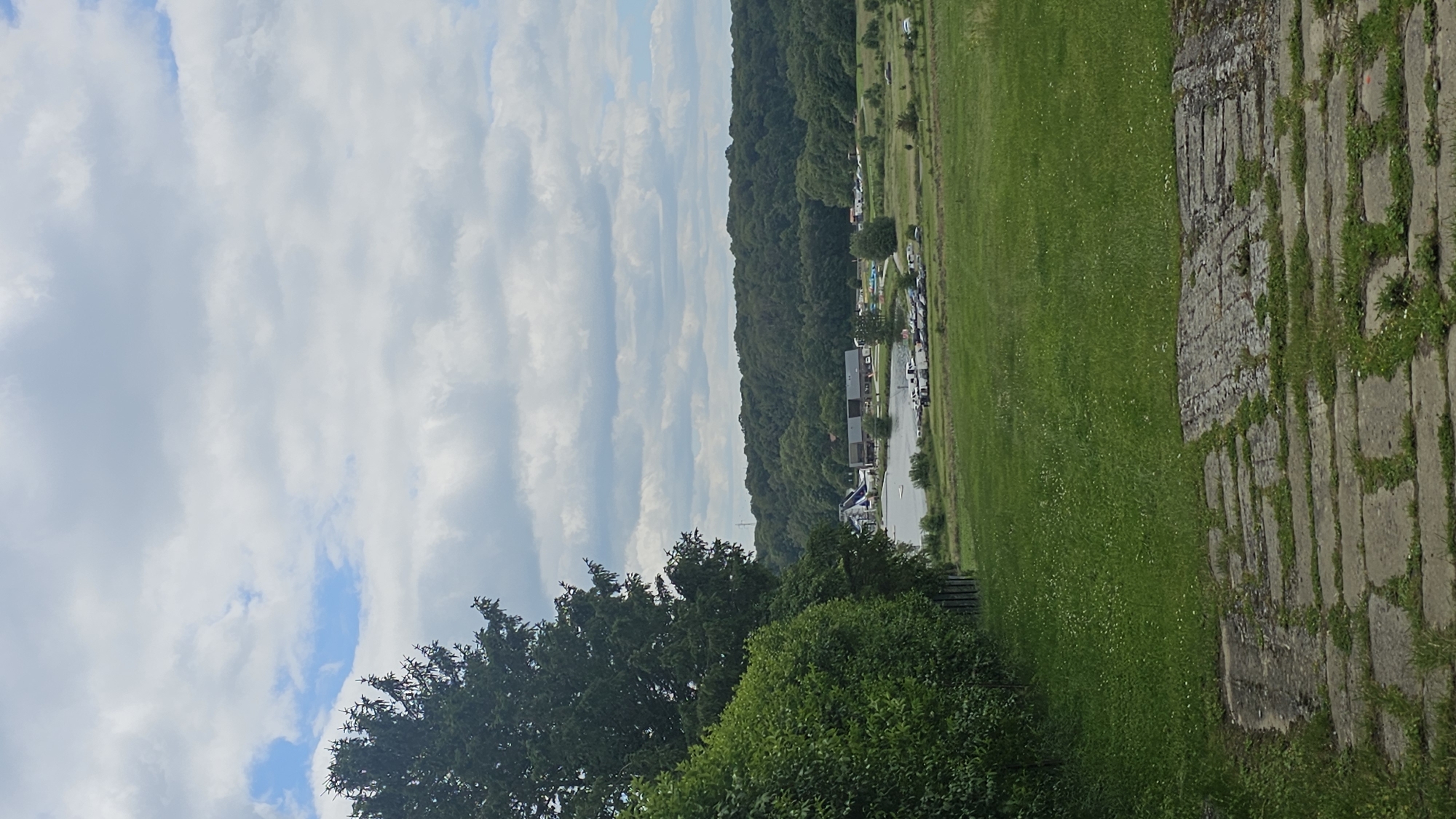 The image depicts a panoramic view of a park area with a lake and recreational facilities, likely located in Boussu-lez-Walcourt, Belgium. In the foreground, a paved pathway made of rectangular concrete slabs, overgrown with grass and small wildflowers, leads into the scene. To the left, a dense, green hedge and the side of a tall coniferous tree dominate the frame.
The midground features a grassy field that slopes gently towards a body of water. Along the edge of the water, a small collection of buildings, possibly a restaurant or facilities for water sports, is visible. Several vehicles, including cars and what appear to be boats or trailers, are parked near the structures. A prominent blue and white water slide is situated to the left of the main buildings, indicating a recreational water park. A small boat can be seen on the lake.
The background is characterized by a dense, rolling forest that stretches across the horizon, under a partly cloudy sky with scattered white cumulus clouds. The overall atmosphere is one of a bright, overcast day with a hint of sunlight filtering through. There are no visible people in the image. The scene conveys a sense of a public park or leisure facility, set against a natural, wooded landscape.