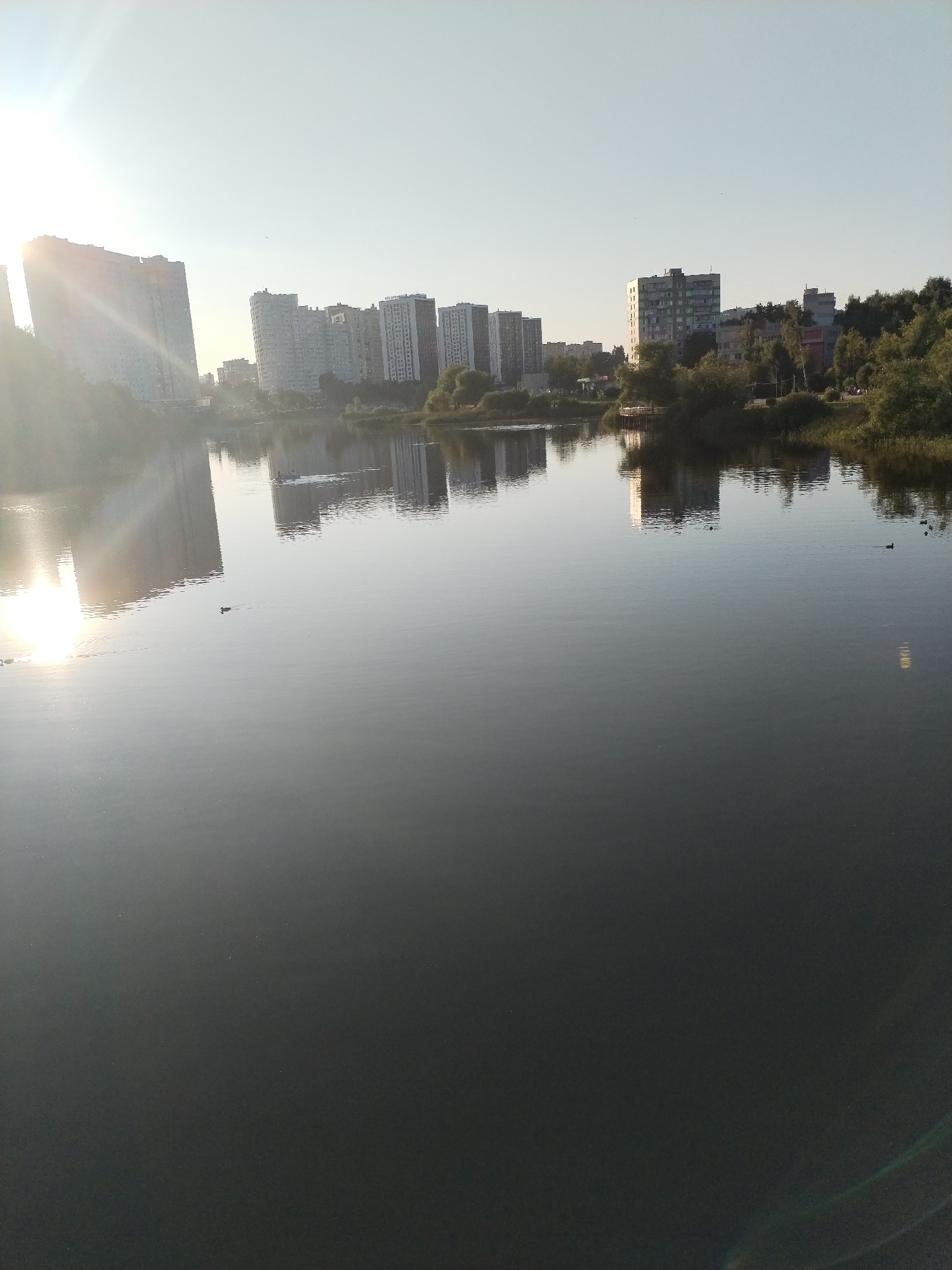 The image captures a wide view of a calm body of water in Pushkino, Russia, likely a river or lake, reflecting the clear sky and several multi-story buildings lining the opposite bank. The sun is low in the sky, casting a bright glare on the left side of the frame and creating reflections on the water's surface. There are several ducks swimming in the water. The buildings appear to be residential or office blocks, typical of urban development. Lush green trees and vegetation are visible between the buildings and along the water's edge. The overall impression is one of a serene urban landscape at a time of day when the light is soft and diffused.
