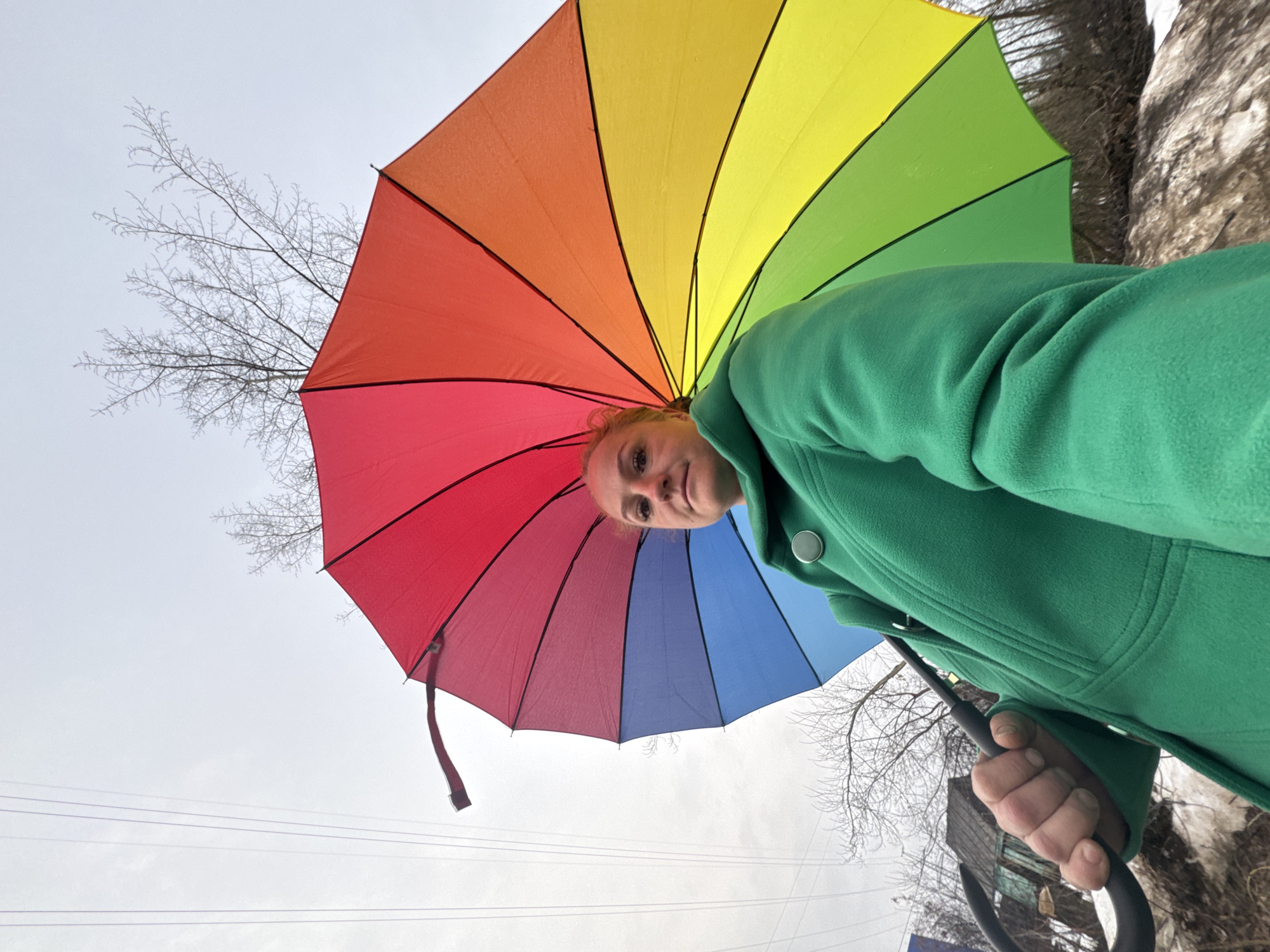 A selfie captured at a low angle features a person holding a rainbow-colored umbrella. The individual, wearing a green jacket, is positioned under the umbrella, with part of their face visible. The sky is overcast and branches of bare trees are visible behind the umbrella. The picture was taken outdoors, presumably in the city of Chaikovsky, Russia. Power lines are also visible against the sky.