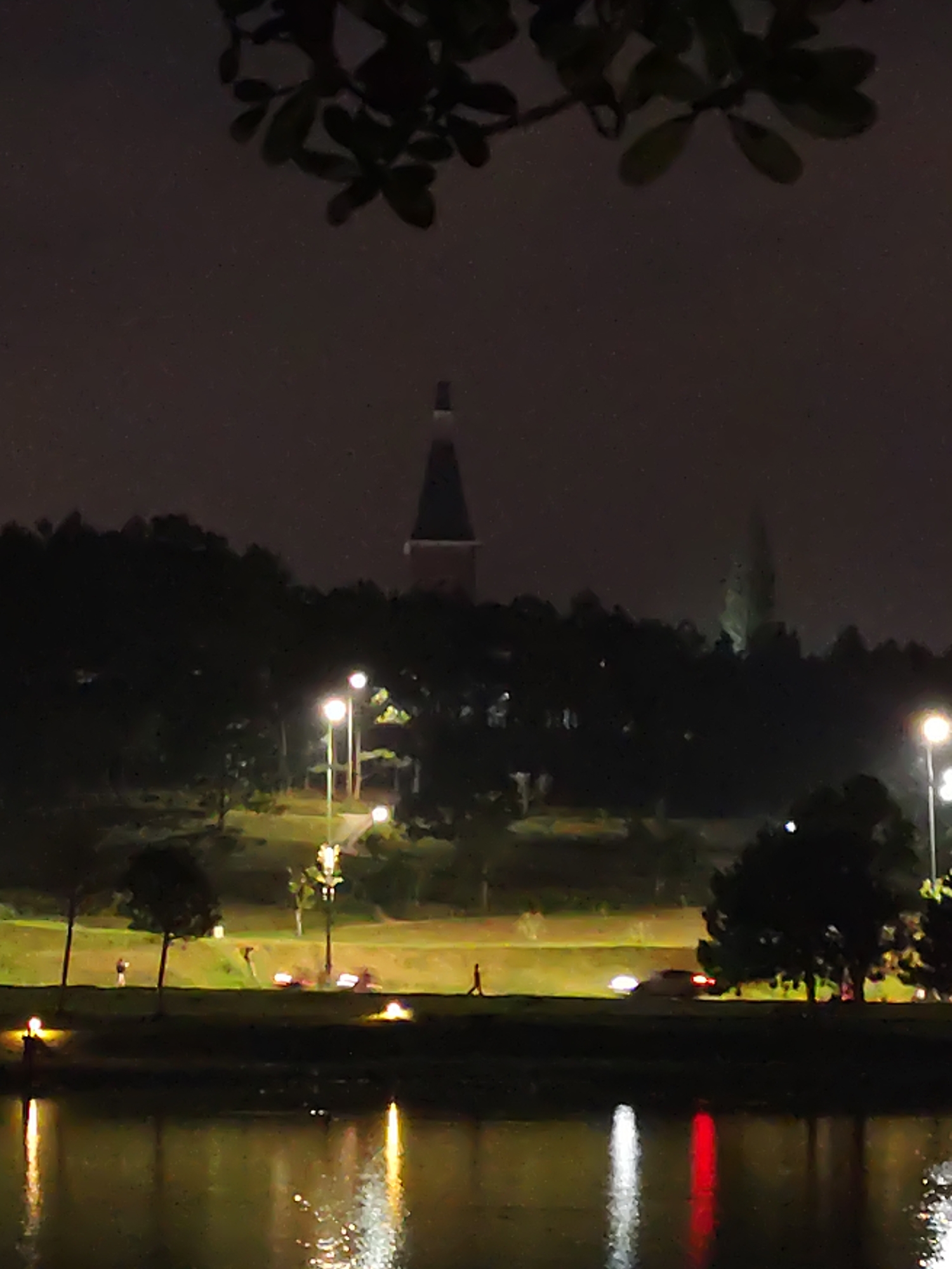 The image depicts a nighttime scene in Da Lat, Vietnam, featuring a body of water in the foreground reflecting lights. A green space separates the water from a line of trees. Along the green space, there are lights, and a dark figure appears to be walking. In the background, there is a tall structure, possibly a building or monument with a pointed roof, rising above the trees. The sky is dark and overcast. Branches from a tree are visible in the upper part of the frame.