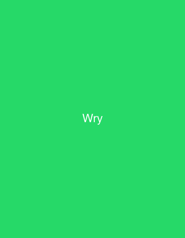 The image displays a solid, vibrant green background. Centered horizontally and vertically on this monochromatic field is the word "Wry" rendered in white, sans-serif text. No other subjects, objects, people, or environmental details are present in the image. The scene is entirely graphic and abstract, not depicting a physical location or any activity. The image does not contain any visual information pertaining to the city of Casablanca, Morocco, or any specific geographical location.