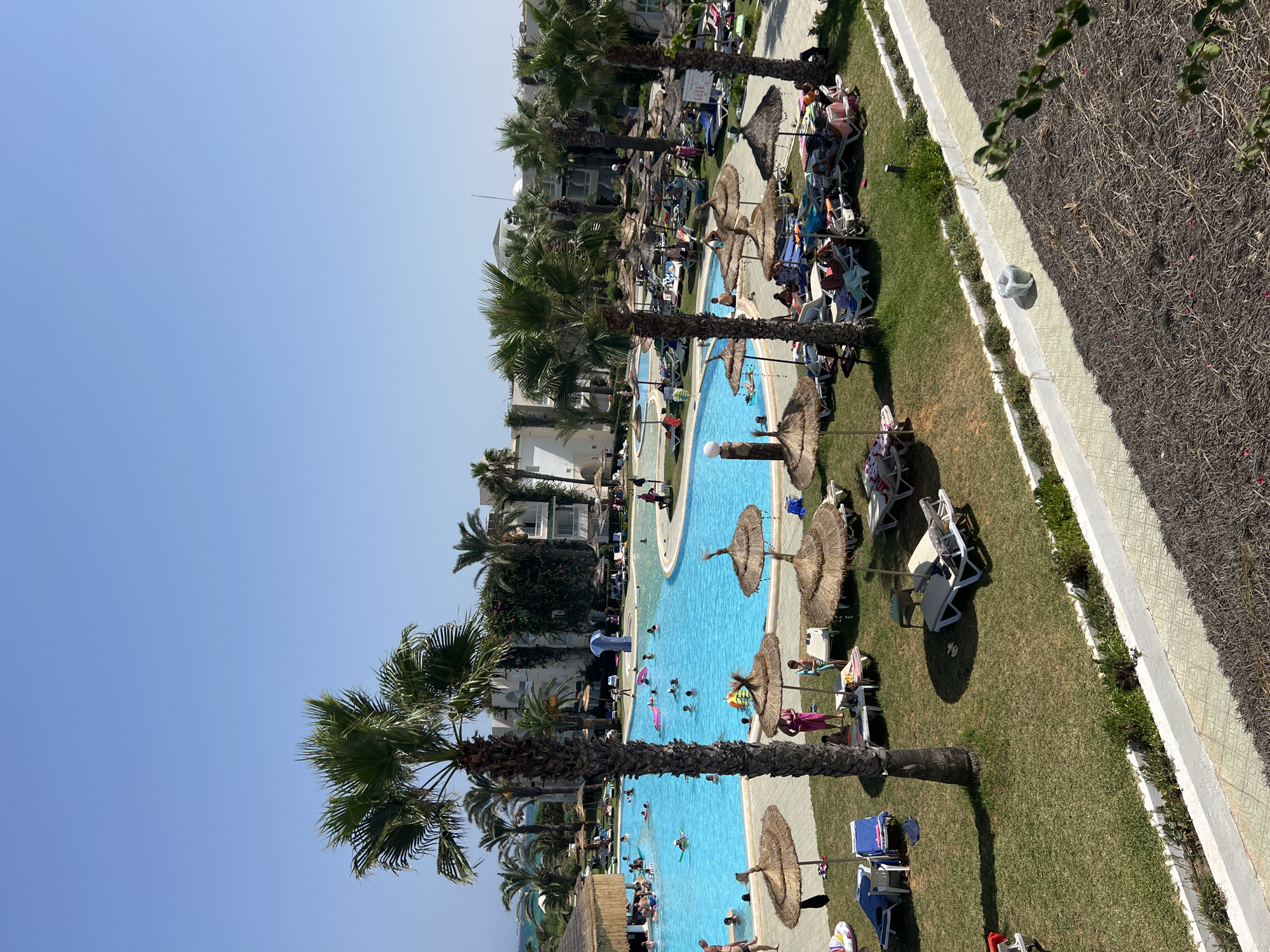 The image depicts an outdoor swimming pool area at a resort in Hiboun, Tunisia, on a clear, sunny day. The large, bright blue pool is filled with people swimming and floating on inflatable toys. Surrounding the pool is a grassy area with numerous sun loungers and straw umbrellas, many of which are occupied by people relaxing or sunbathing. Several palm trees are scattered throughout the scene, adding to the tropical atmosphere. In the background, white resort buildings with arched windows and balconies are visible, some covered in lush green ivy. The scene conveys a sense of leisure and vacation activity.