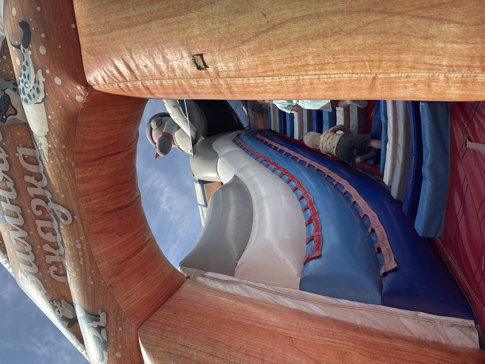 View looking upwards from inside an inflated bounce house. A child is seen lying on the floor of the bounce house. The bounce house is decorated with cartoon dogs. In the background, there is a glimpse of the sky. The letters "Winter Fun" are visible in Russian. Location Vereshchagino, Russia cannot be determined.