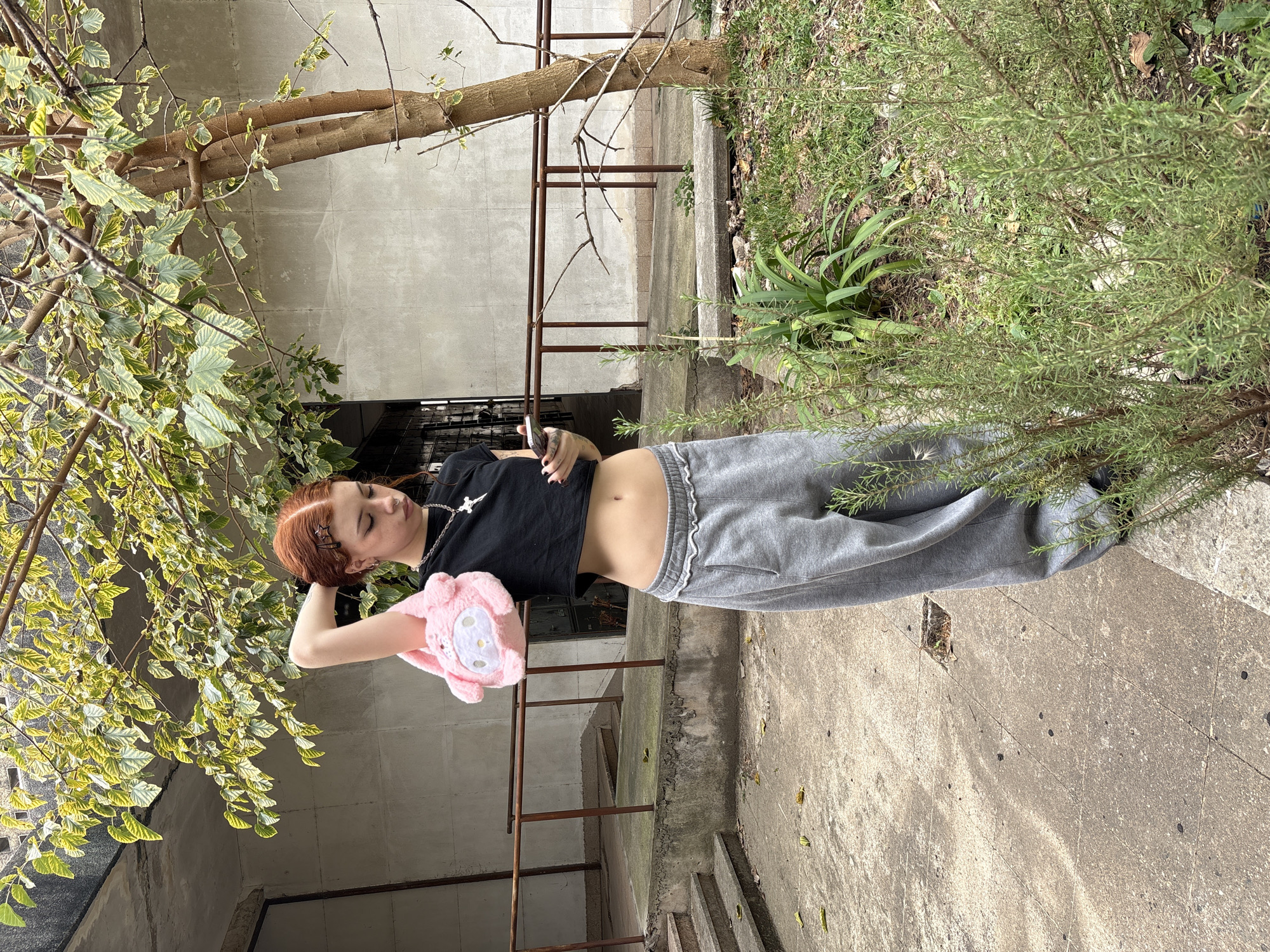 The scene depicts a young female standing in an outdoor urban courtyard or walkway. The location is in Buenos Aires, Argentina; while a precise address is not identifiable from visual evidence, the concrete architecture, aged metal railings, and type of vegetation are consistent with public or semi-public spaces prevalent throughout the city. The time is daytime, under diffused natural light.
The subject is a young female, standing centrally, facing slightly right with her head tilted downwards towards a smartphone in her right hand. She has reddish-brown hair styled with two star-shaped clips on the right side of her head and a septum piercing. She wears a black short-sleeved cropped t-shirt, exposing her midriff and navel, and loose-fitting gray sweatpants with a white ruffled waistband. A silver chain with a crucifix pendant is visible around her neck. Her left arm is raised, with her hand positioned behind her head, holding a pink plush Sanrio My Melody character handbag by its short handles. Her fingernails are painted a dark color.
The environment features worn, cracked concrete paving on the ground, with scattered dry leaves. In the foreground and to the right, patches of greenery are present, including dense rosemary bushes and other broad-leafed plants. A small tree with yellowish-green variegated leaves and light brown bark stands on the right. In the mid-ground, a rusted brown metal handrail extends horizontally, bordering a concrete ramp and a set of concrete steps visible on the left. The background consists of a textured, light-colored concrete wall, which appears weathered. A dark, recessed opening, possibly a doorway or utility access, is visible on the far left of this wall. The overall setting conveys an aged, utilitarian aesthetic.