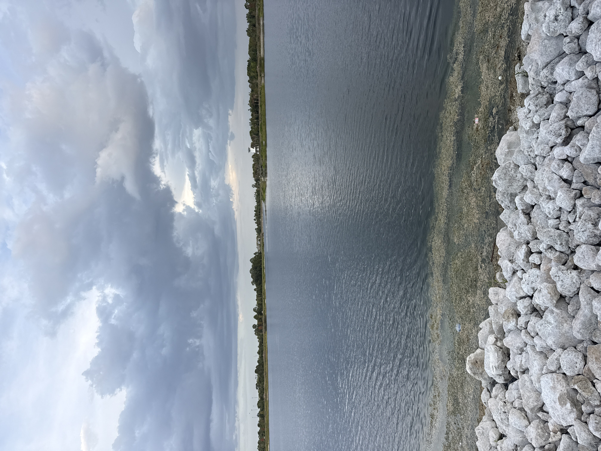 The image depicts an overcast day at a waterfront location. In the foreground, a pile of large, light-colored rocks lines the edge of the water. The water itself is calm with gentle ripples, and patches of submerged vegetation are visible near the shore. The middle ground shows a wide expanse of water, with a distant treeline and some buildings along the horizon. The sky is filled with heavy, dark clouds, with some lighter patches suggesting potential breaks in the cloud cover. A white tower with a red top is visible on the distant shore. There are no people visible in the image.