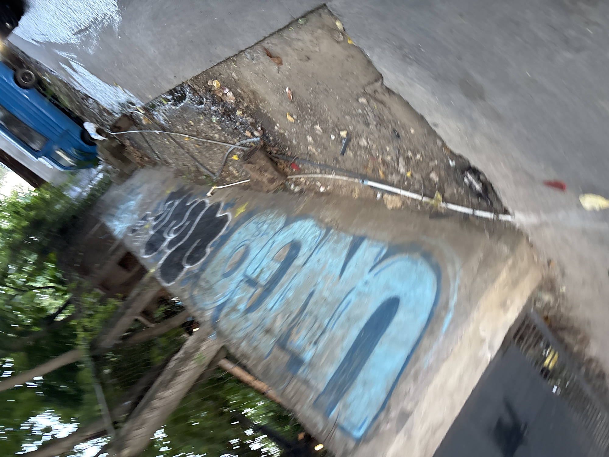 The image shows a street scene in Davao City, Philippines. A blue van is parked on the right side of the road. A concrete wall with graffiti covers the left side of the image. Trees with green foliage are visible in the background. The ground is wet and appears to be a mixture of dirt and pavement, with some debris scattered around. There are several pipes and wires running along the wall. The overall impression is one of an urban environment that is somewhat neglected.