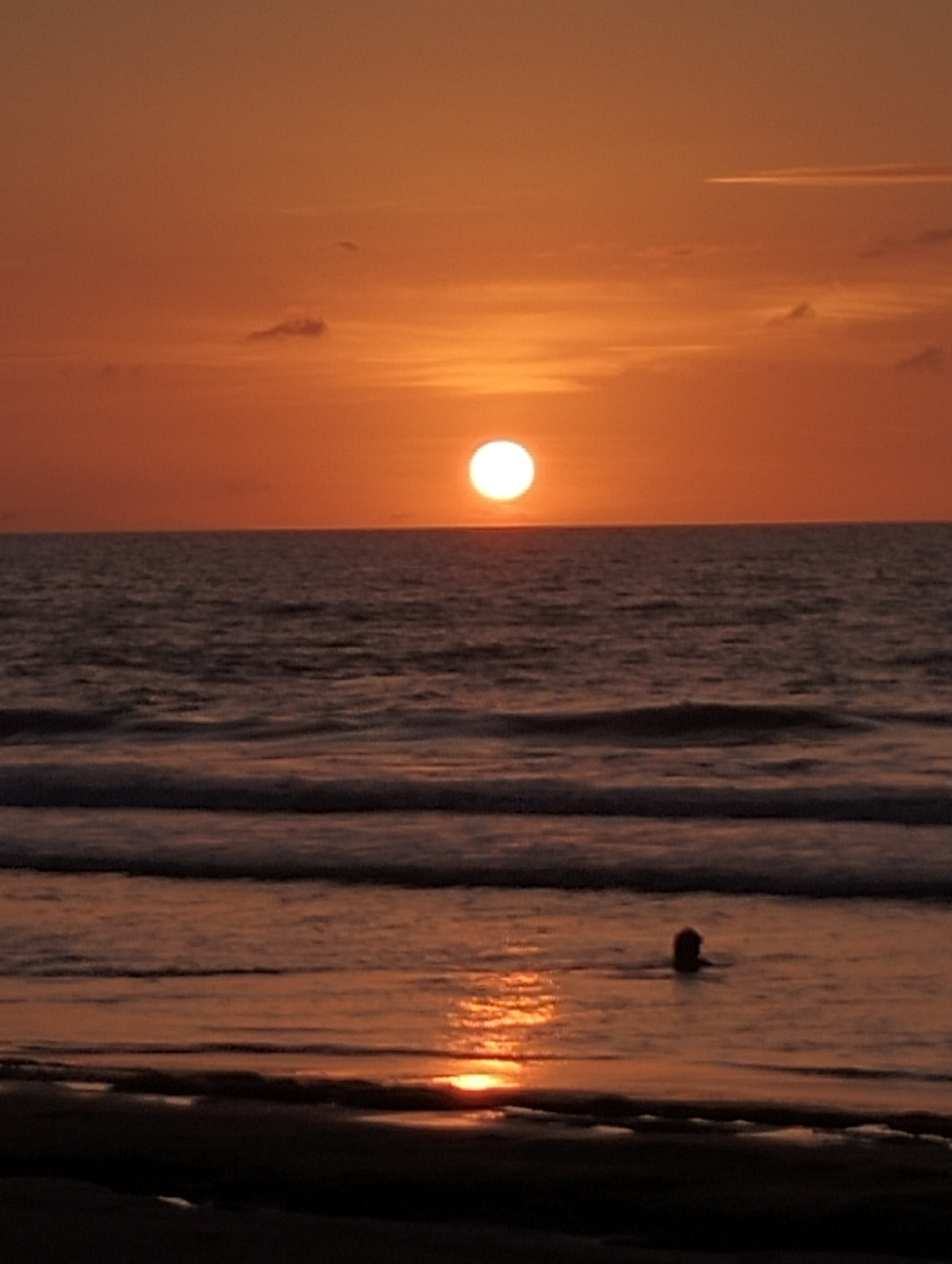 A sunset over the ocean is depicted in the image, with the sun appearing as a bright, orange orb partially obscured by the horizon. The sky is a gradient of orange and pink, with a few wispy clouds. The ocean is calm, with gentle waves lapping at the shore. In the water, a single person is visible, their head and shoulders above the surface. The person appears to be swimming or wading. The foreground shows a dark, sandy beach. The image is a vertical shot, capturing the expansive sky and ocean.