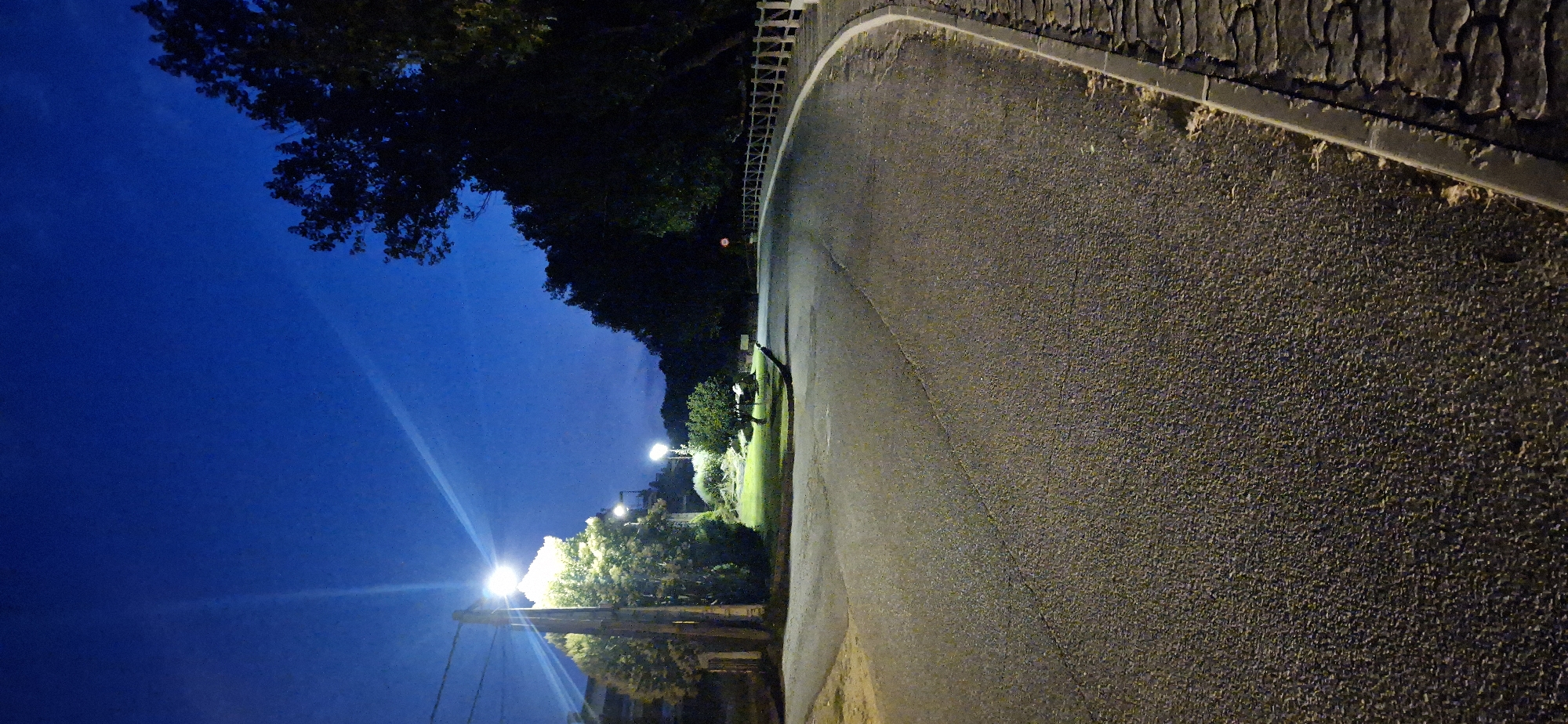 The image depicts a nighttime scene on a paved road in Navaluenga, Spain. The sky is a deep blue, indicating twilight or early night. Streetlights illuminate portions of the scene, casting long shadows and creating highlights. On the left side of the road, there is a wooden utility pole with multiple lights, one of which is very bright and creates a strong glare. Adjacent to the pole are trees and some low-lying bushes with illuminated foliage. A grassy area with a small tree and a few other bushes is visible in the middle ground. The road itself is asphalt with some visible cracks and is bordered on the right by a cobblestone sidewalk and a low wooden fence. Dark trees and foliage line the right side of the road, forming a dense backdrop. The overall impression is of a quiet, sparsely populated area, likely a park or a residential street on the outskirts of town. There are no people or vehicles visible in the image.