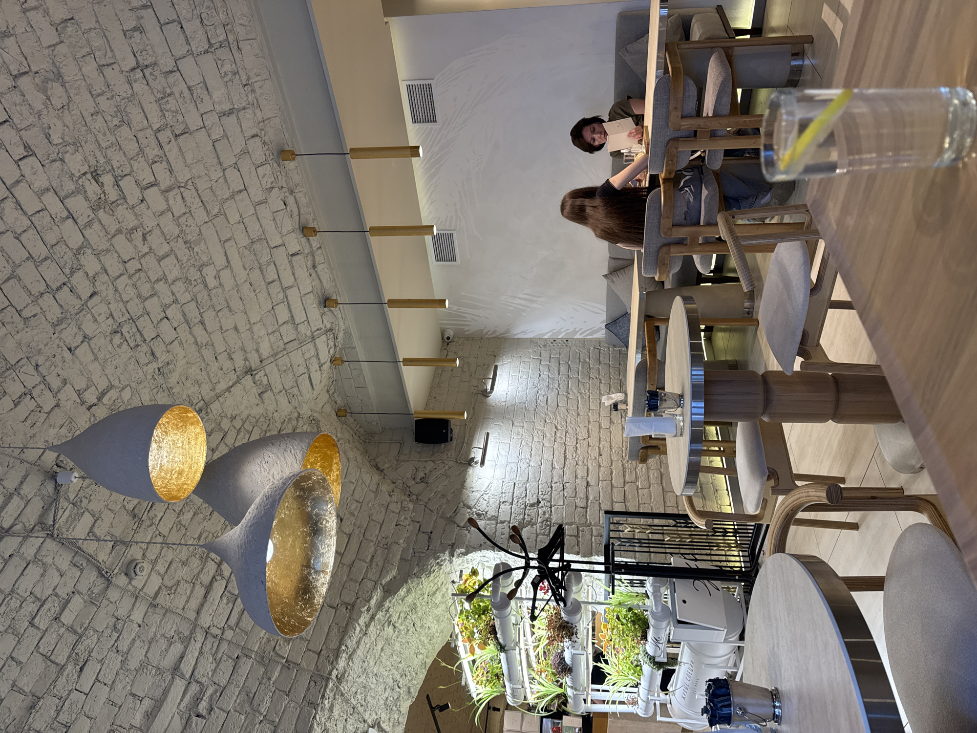The image depicts the interior of a restaurant in Kazan, Russia. The ceiling is made of white-painted brick, with three large, grey, teardrop-shaped pendant lights hanging from it, their interiors lined with gold. Several smaller, cylindrical brass pendant lights are also visible. The walls are also white brick, with one section featuring a light-colored mural of palm fronds.
In the foreground, two tables with light-colored wooden tops and grey chairs are visible. One table has a glass of water with a lemon slice. In the background, two women are seated at a long, grey banquette booth. The woman on the left has long, dark hair and is wearing a black t-shirt. The woman on the right has short, dark hair and is wearing a dark green shirt; she is holding a menu. A table with a similar wooden top and grey chairs is in front of them.
To the left of the image, a multi-tiered shelf unit displays various potted plants, illuminated by grow lights. A coat rack stands beside it. The overall ambiance appears modern and relaxed, with natural light and strategically placed artificial lighting. The restaurant's aesthetic combines industrial elements (exposed brick) with natural elements (plants) and modern design.