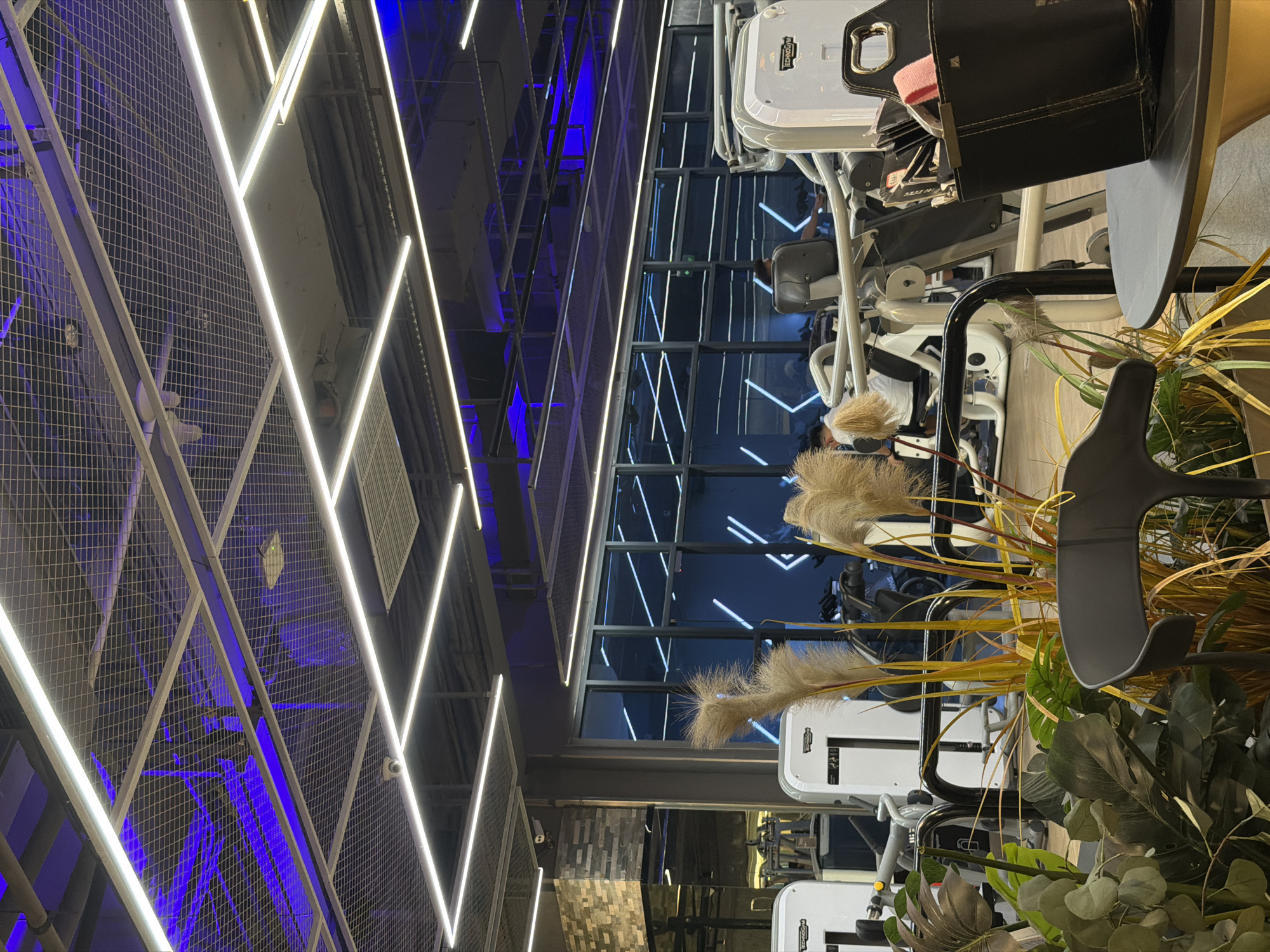 This image captures the interior of a modern gym or fitness center, presented as if viewed upright. The setting is characterized by a sleek, contemporary design with prominent artificial lighting and reflective surfaces.
The scene features several exercise machines, primarily on the right side of the frame, indicating a workout area. These machines are predominantly white and black, with at least one bearing the "TECHNOGYM" logo. On one machine, a black leather-like pouch or bag is visible, containing a pink towel and other small items.
Decorative elements include various artificial plants strategically placed around the equipment. These comprise tall, feathery, light-colored plumes, resembling pampas grass, and broad-leafed green plants, possibly artificial monstera or eucalyptus, adding a touch of natural aesthetic to the modern environment.
The left side and ceiling area are dominated by a grid-like metal mesh structure, through which blue accent lighting is visible, casting a futuristic glow. Linear LED light strips run across the ceiling and possibly walls, providing bright white illumination and creating a dynamic pattern. Vents are also visible on the ceiling. Large, reflective window-like or mirrored panels reflect these linear lights and the blue hues, creating a sense of depth and spaciousness.
No individuals are actively engaged in exercise, giving the impression of a moment between workouts or a quiet period in the facility. A small security camera is discreetly mounted on the grid structure. The extensive use of artificial lighting makes the time of day undeterminable. The overall impression is one of a clean, well-lit, and thoughtfully designed fitness space in the Yuzhong District, China.