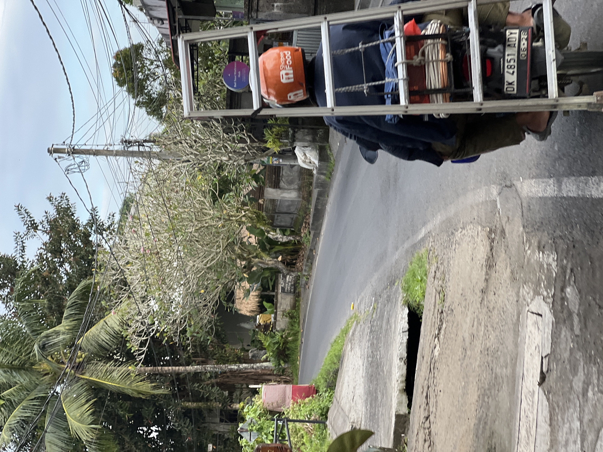 A medium-distance shot, taken during daylight, showcases a scooter in the Ubud District of Indonesia. The scooter carries a silver ladder on its back, with a delivery driver wearing an orange helmet. The helmet indicates "Shopee Food." The scooter's license plate reads "DK 4851 ADY". The scooter is on a paved road. The surrounding environment includes tropical vegetation, trees, and utility poles with multiple wires. A concrete drainage ditch runs along the roadside. The sky is overcast.
