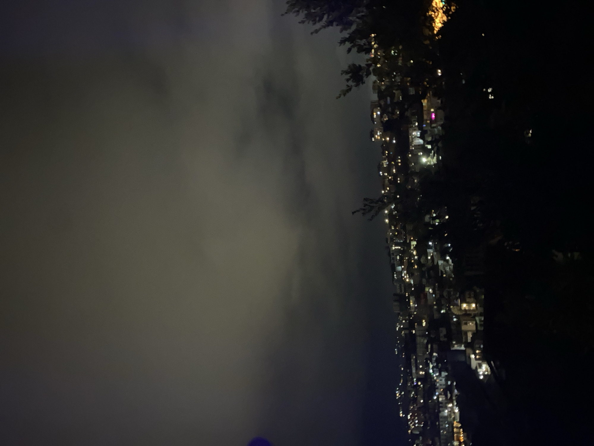 The image depicts a nighttime view of Sochi, Russia, shrouded in fog or low-lying clouds. The cityscape is visible on the right side of the image, showcasing the illuminated buildings stretching vertically. The left side of the image is dominated by a dense, dark, and indistinct fog that obscures the view. The foreground contains darker silhouettes, possibly of trees or other vegetation, adding depth to the image. The lights from the buildings are the primary source of illumination.