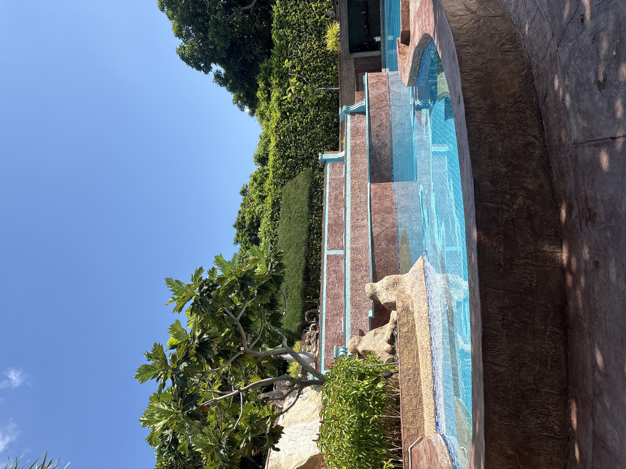 The image shows an outdoor swimming pool in Bac Nha Trang Ward, Vietnam. The pool has a tiered design with blue-tiled steps leading into the water. The surrounding area is landscaped with green foliage, including bushes and trees. The sky is clear blue, suggesting a sunny day. The pool's edge is constructed from a brown, textured material.
